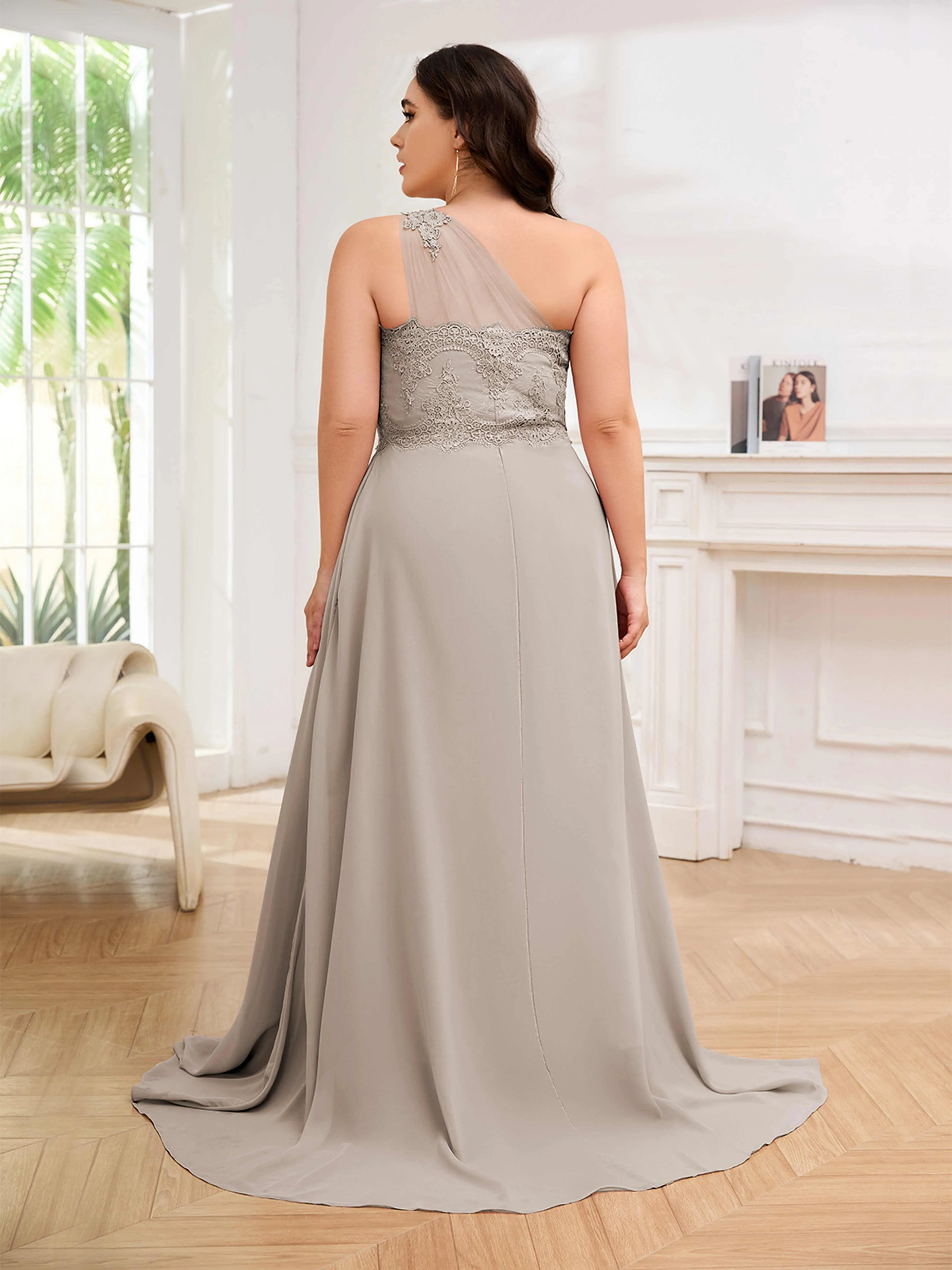 Imani Graceful One Shoulder Slit Long Chiffon Plus Size Bridesmaid Dresses