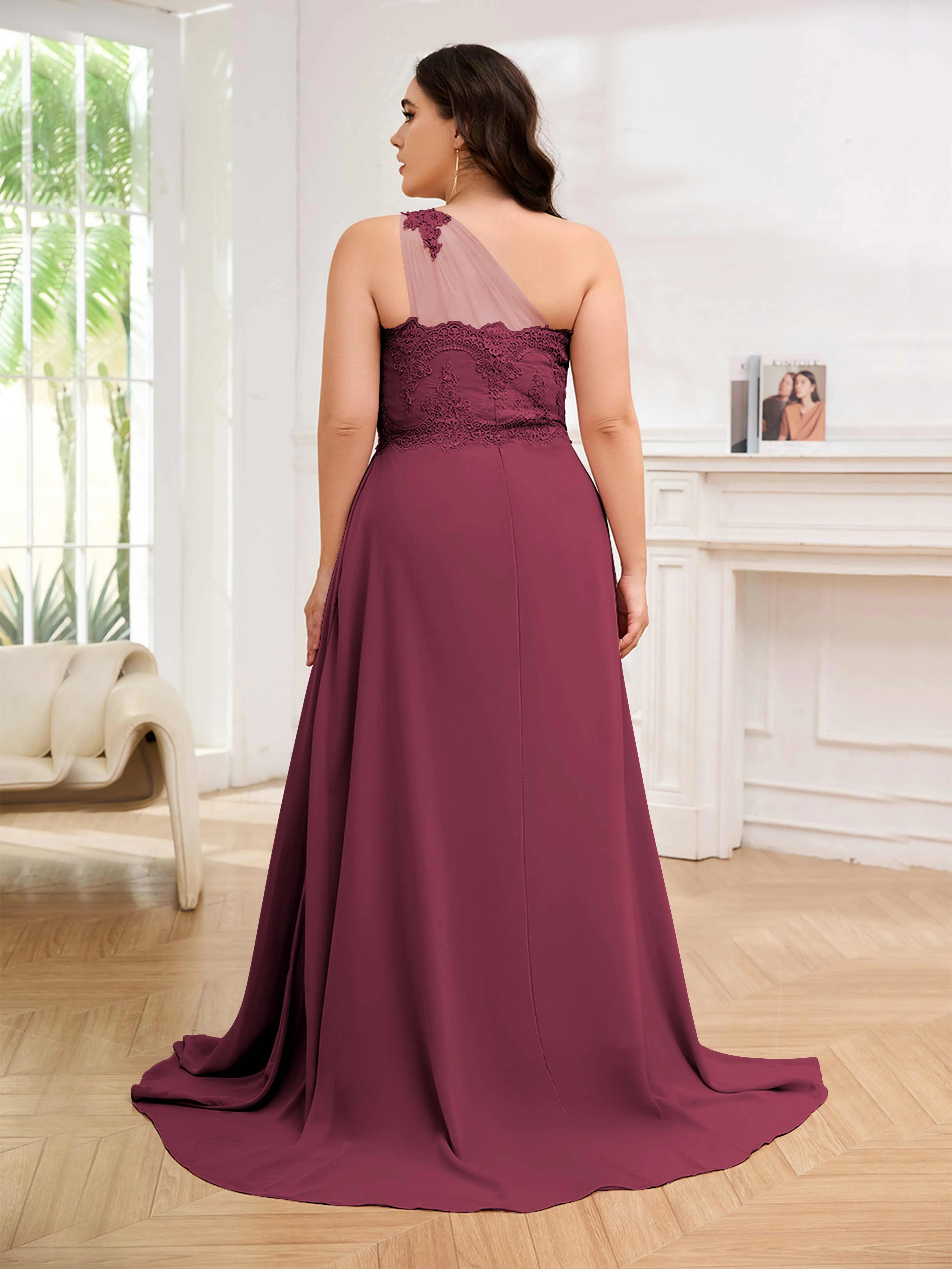 Imani Graceful One Shoulder Slit Long Chiffon Plus Size Bridesmaid Dresses