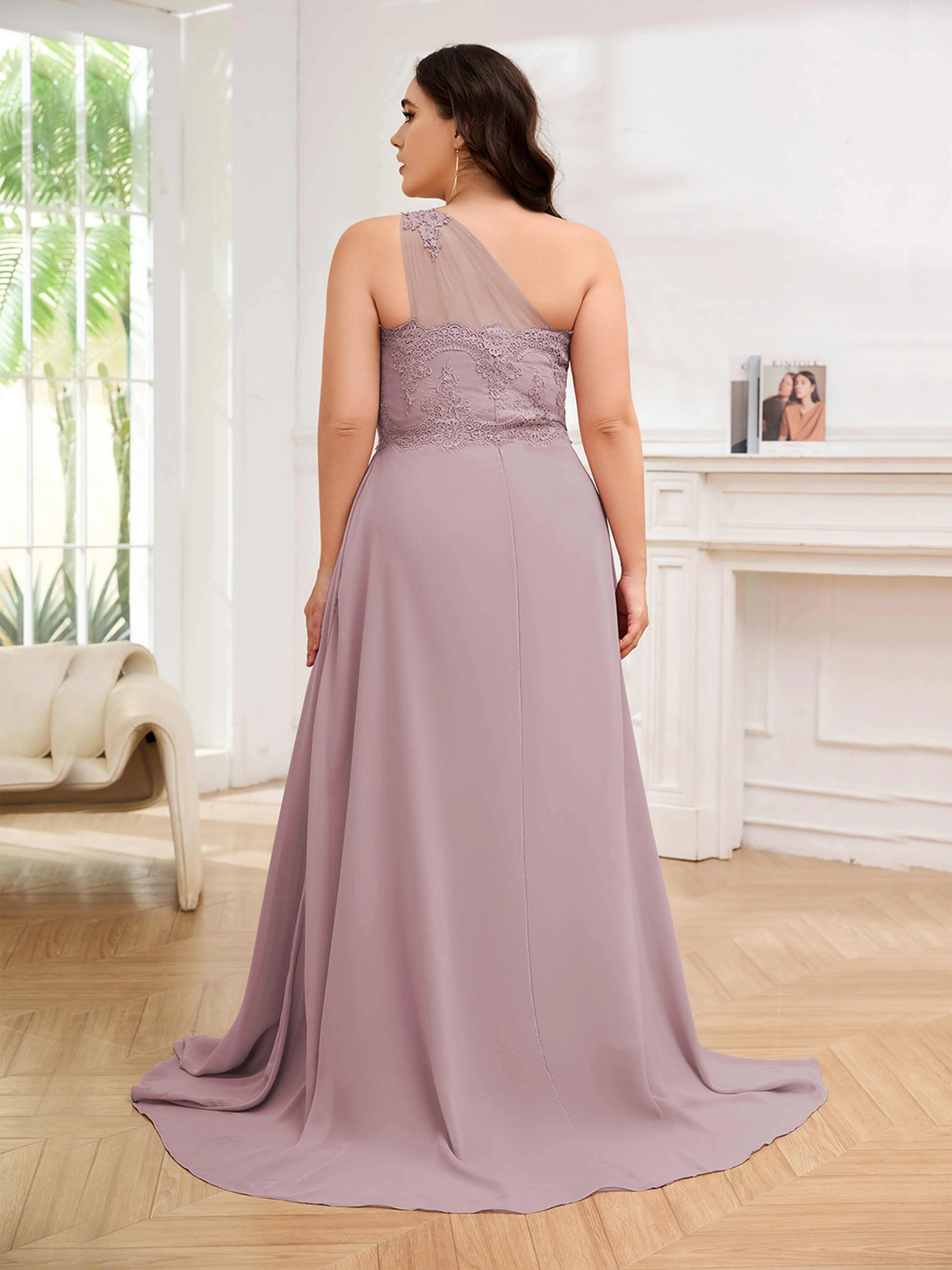 Imani Graceful One Shoulder Slit Long Chiffon Plus Size Bridesmaid Dresses