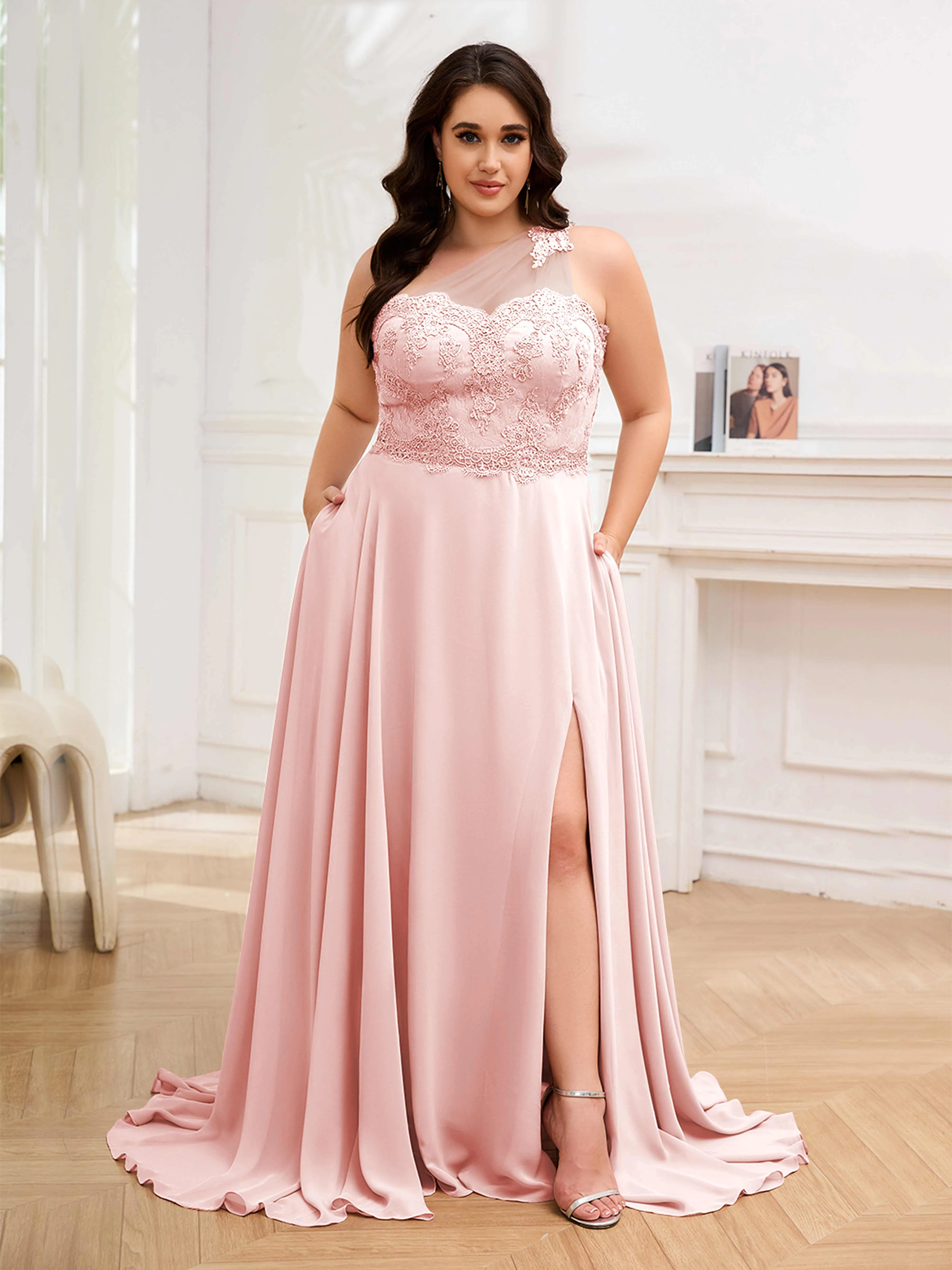Imani Graceful One Shoulder Slit Long Chiffon Plus Size Bridesmaid Dresses