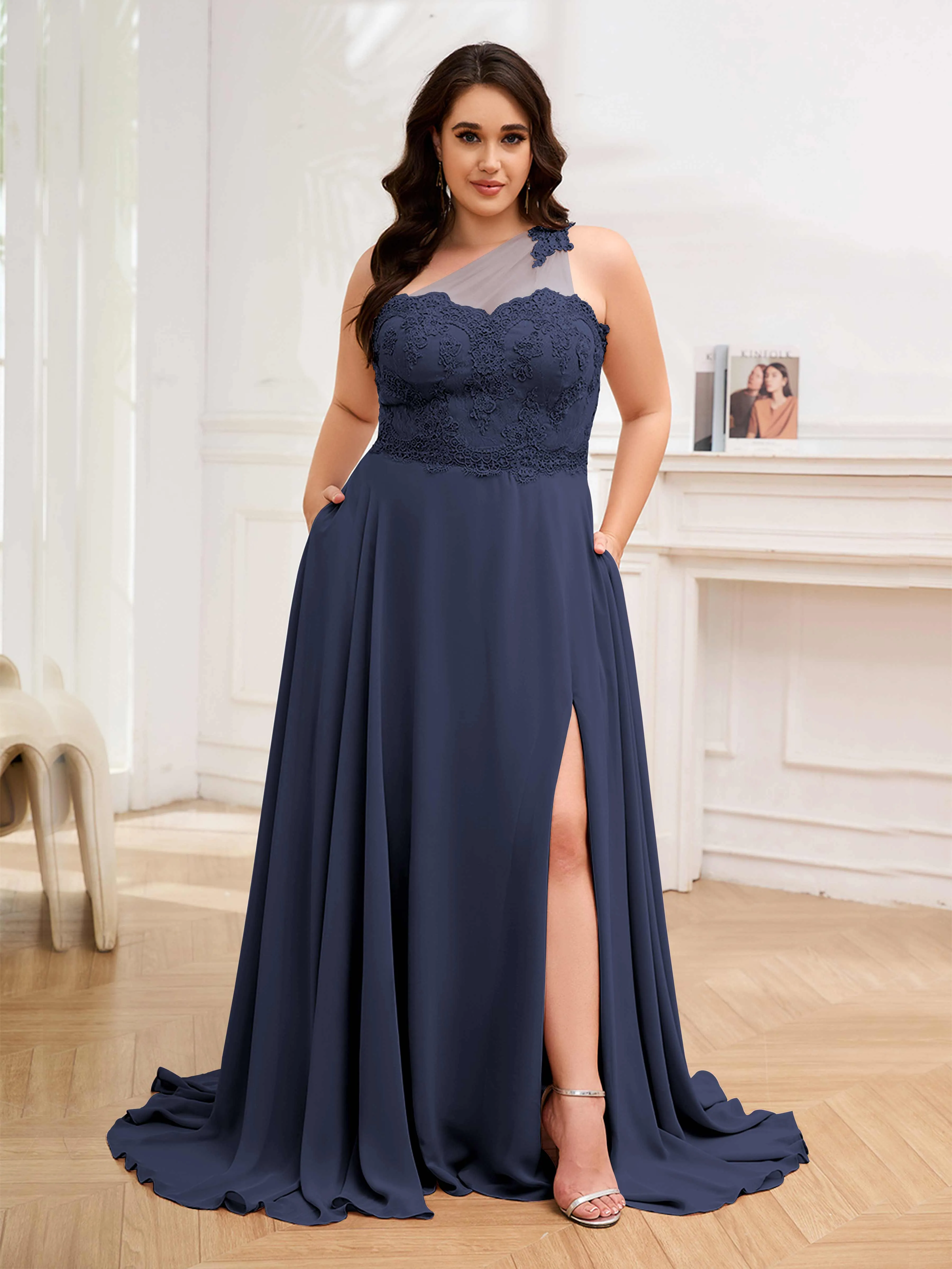 Imani Graceful One Shoulder Slit Long Chiffon Plus Size Bridesmaid Dresses