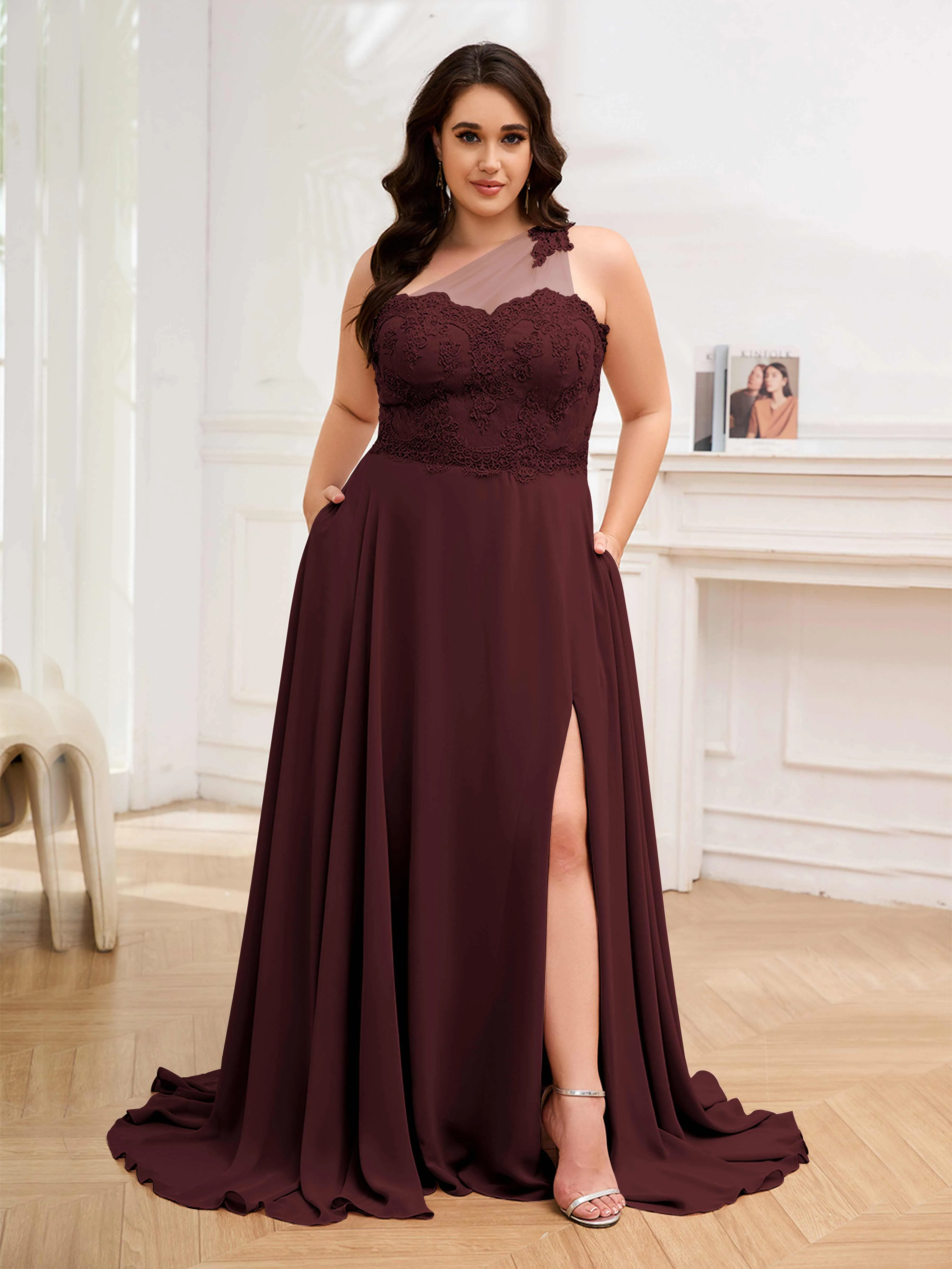 Imani Graceful One Shoulder Slit Long Chiffon Plus Size Bridesmaid Dresses