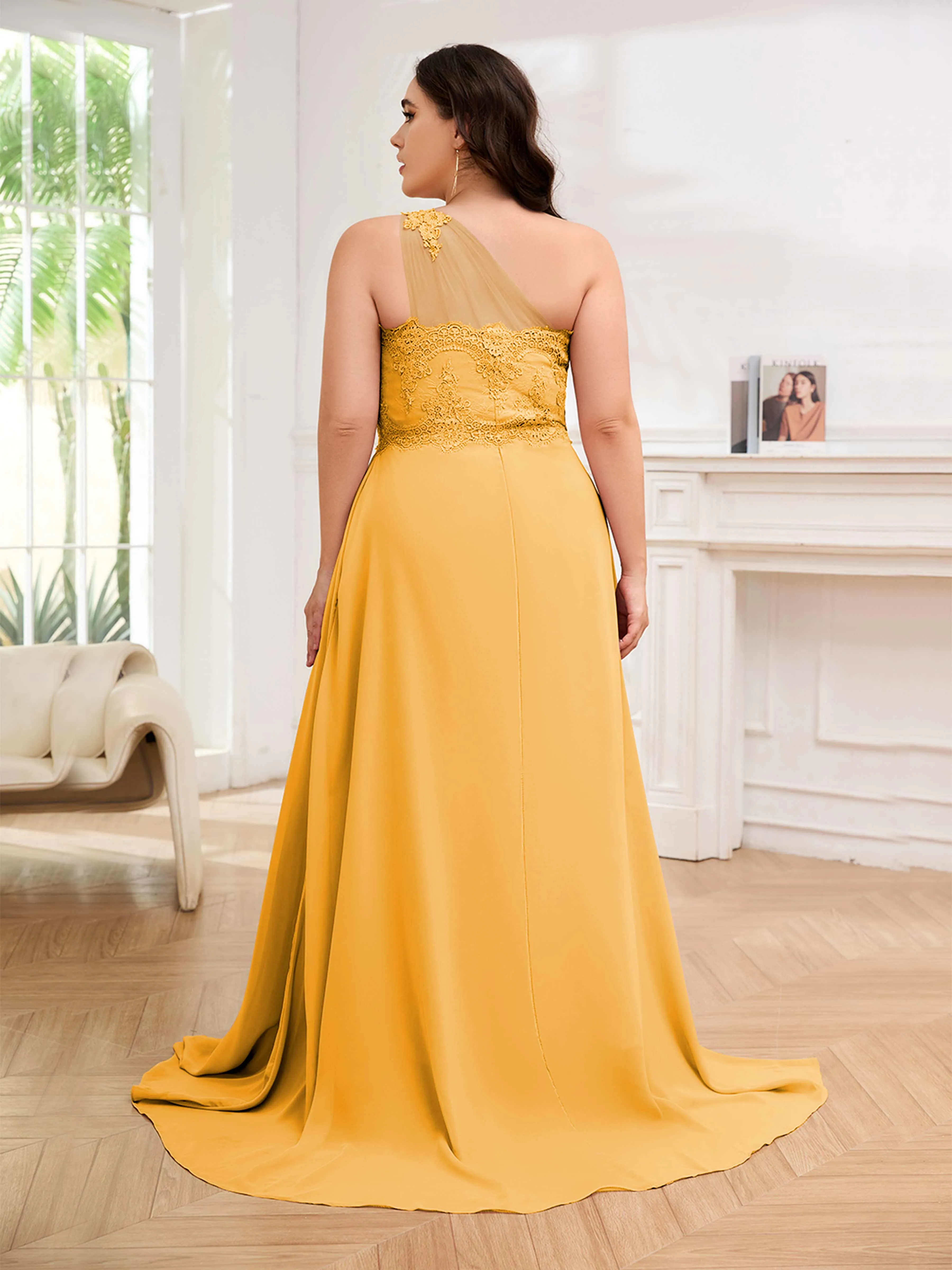 Imani Graceful One Shoulder Slit Long Chiffon Plus Size Bridesmaid Dresses