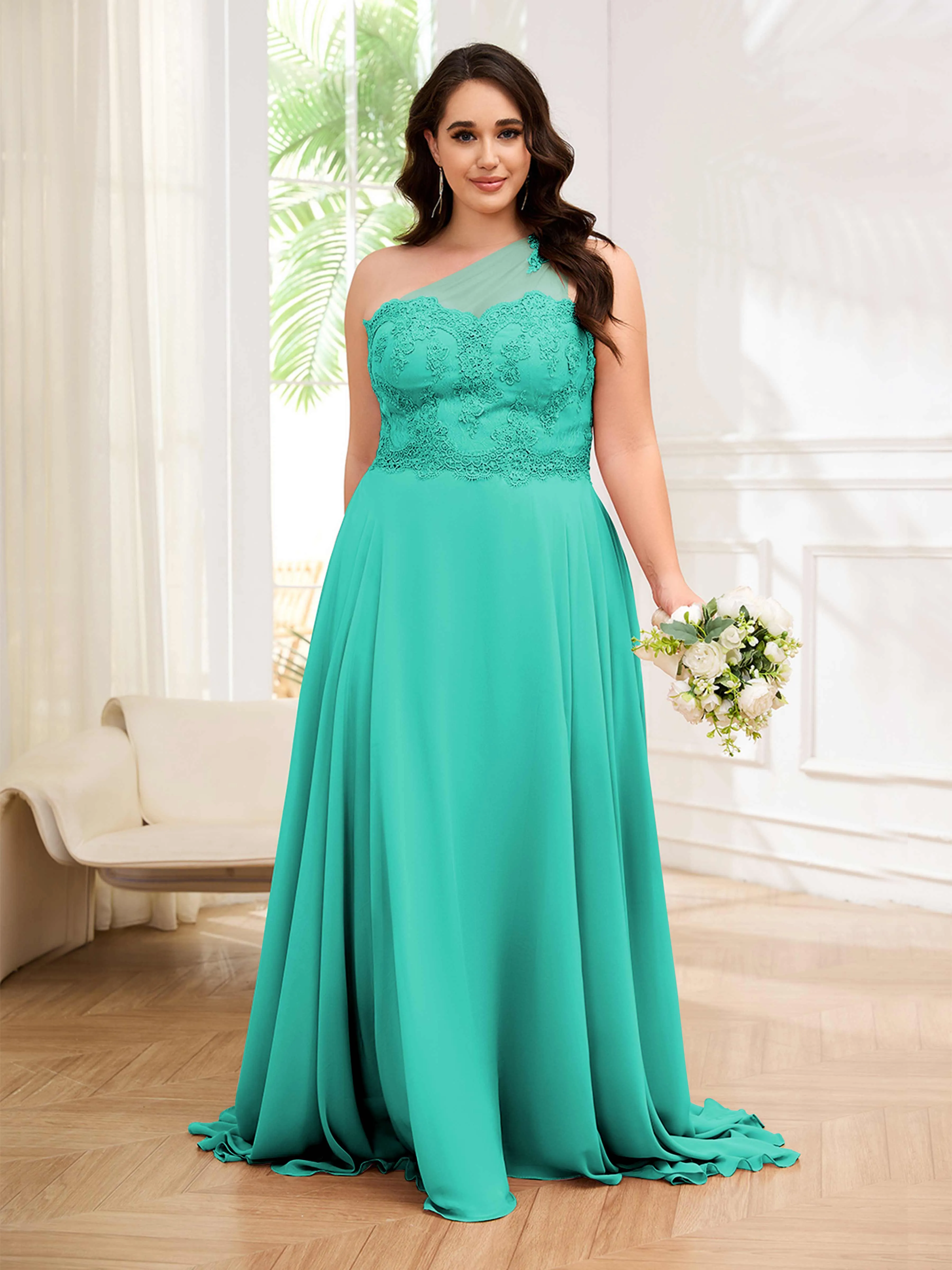 Imani Graceful One Shoulder Slit Long Chiffon Plus Size Bridesmaid Dresses
