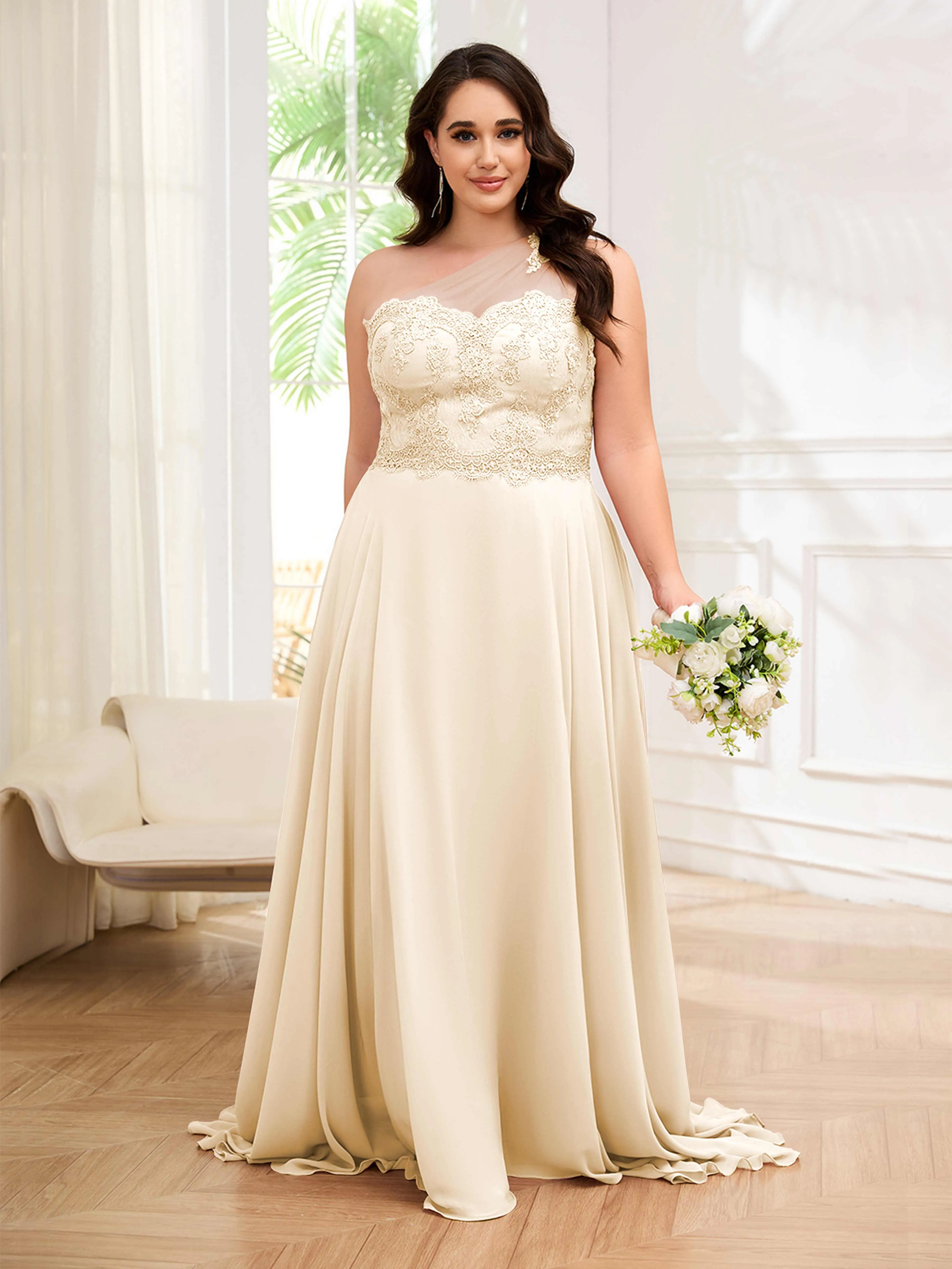 Imani Graceful One Shoulder Slit Long Chiffon Plus Size Bridesmaid Dresses
