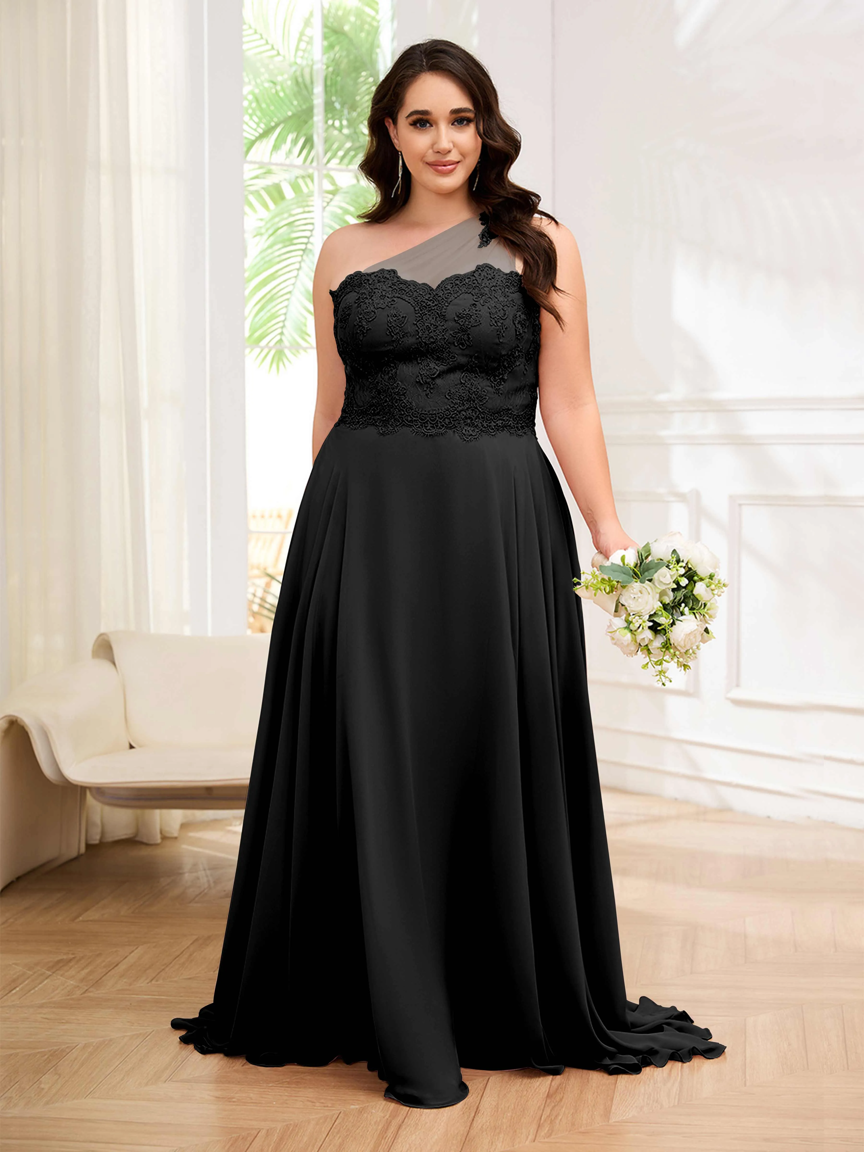 Imani Graceful One Shoulder Slit Long Chiffon Plus Size Bridesmaid Dresses