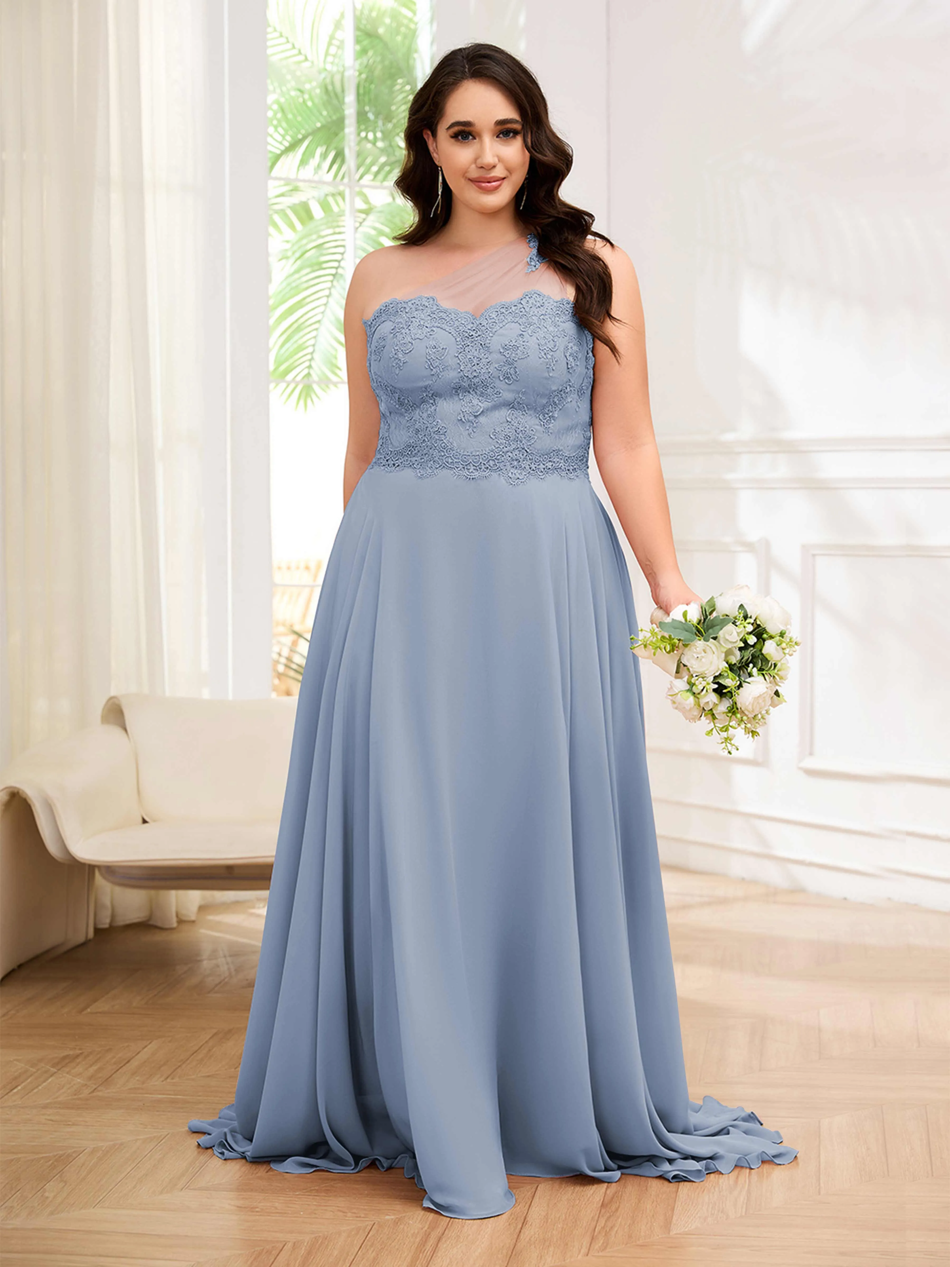 Imani Graceful One Shoulder Slit Long Chiffon Plus Size Bridesmaid Dresses