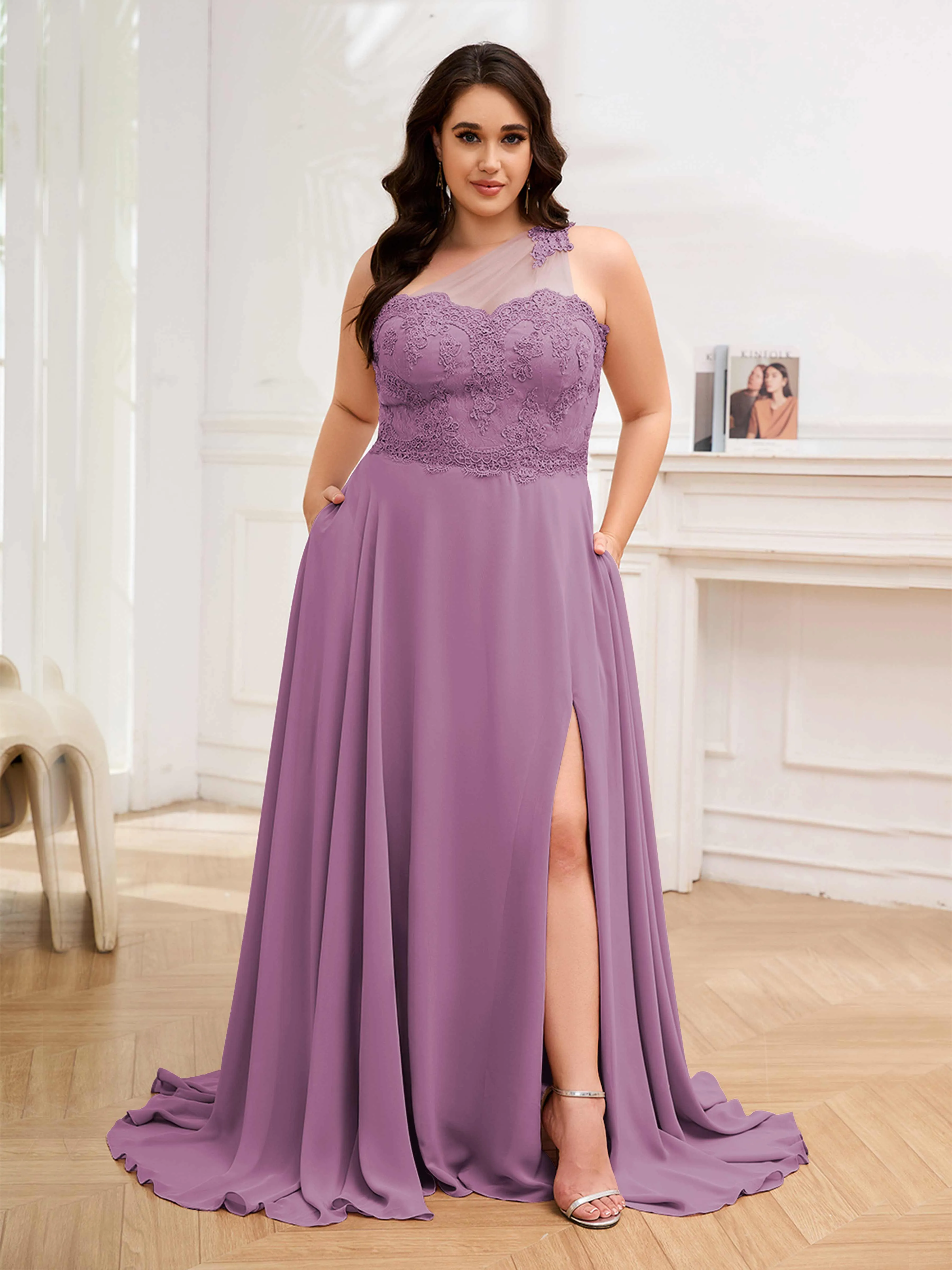 Imani Graceful One Shoulder Slit Long Chiffon Plus Size Bridesmaid Dresses