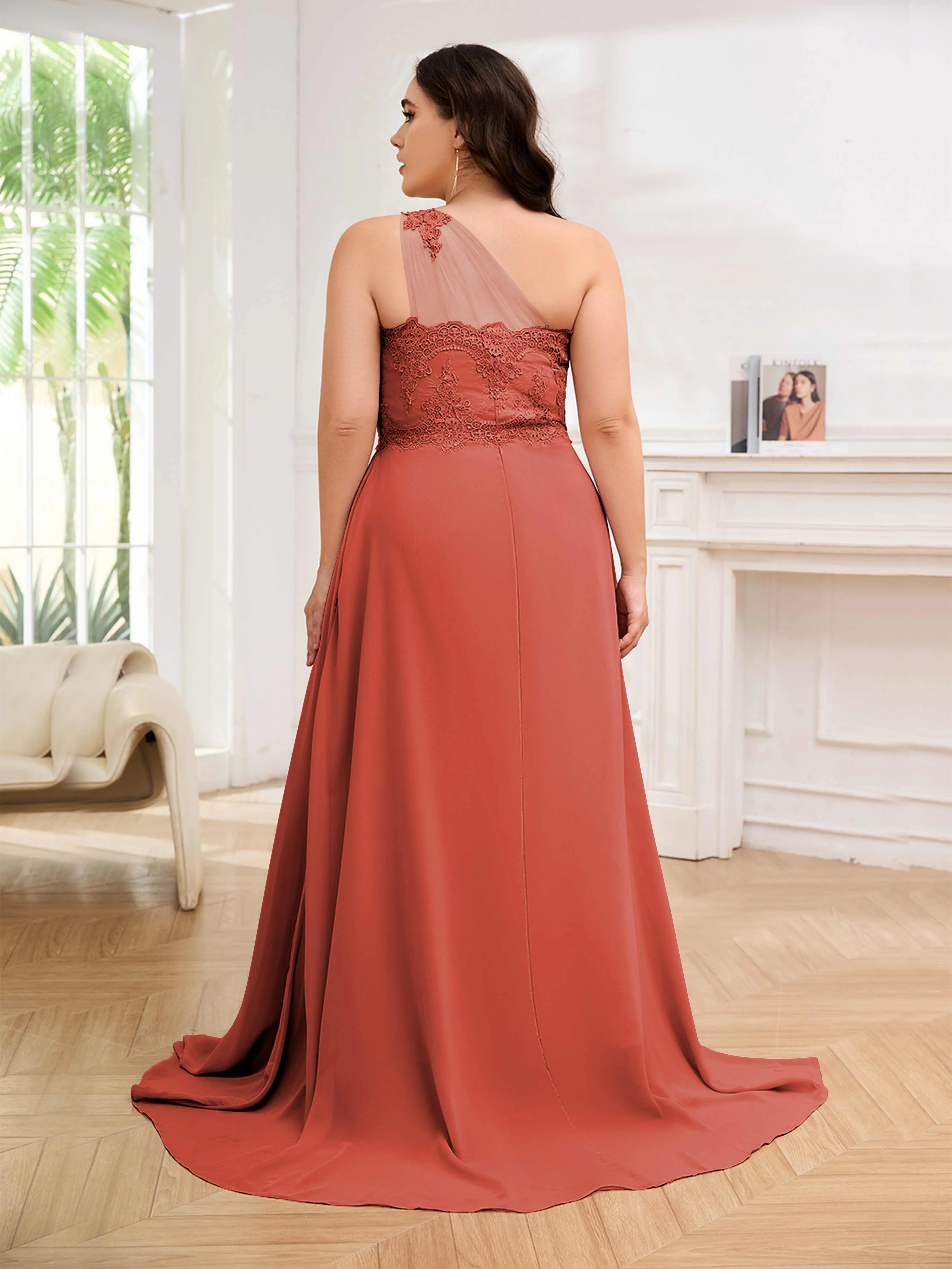 Imani Graceful One Shoulder Slit Long Chiffon Plus Size Bridesmaid Dresses