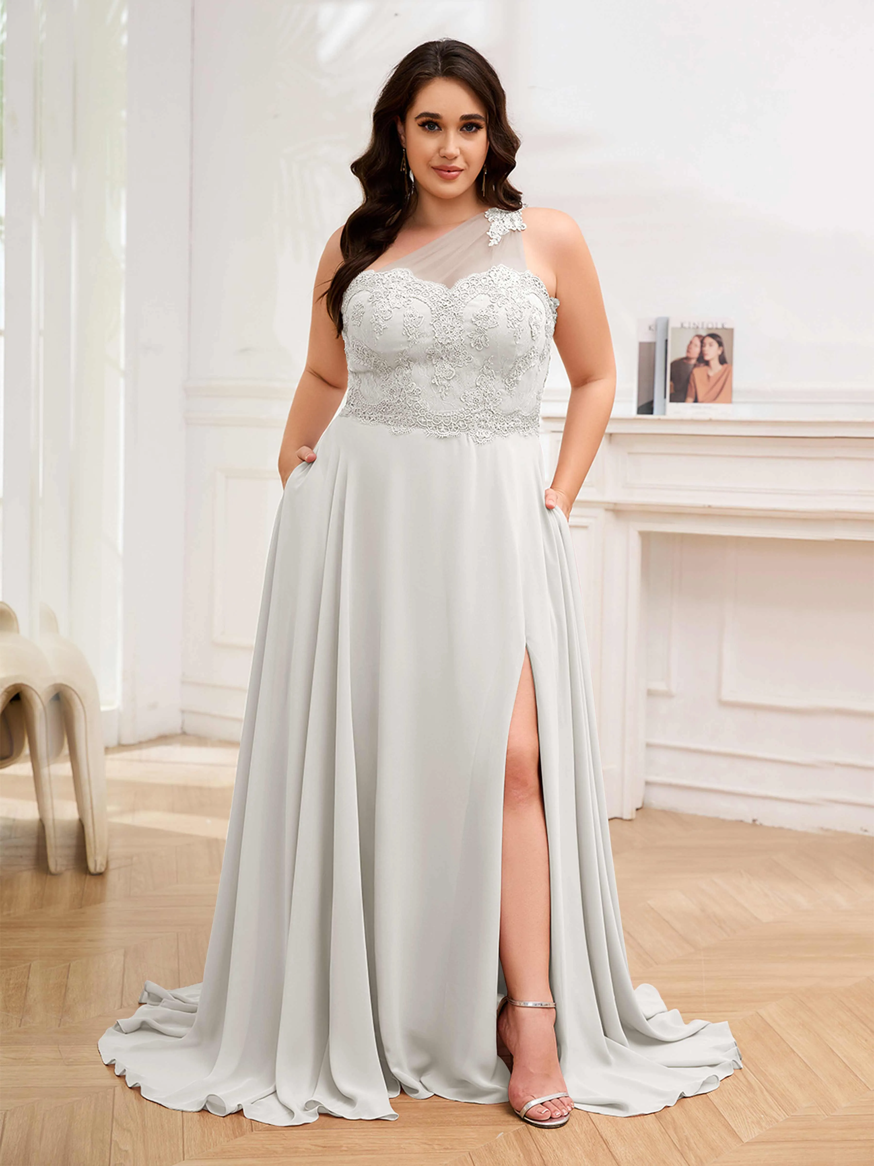 Imani Graceful One Shoulder Slit Long Chiffon Plus Size Bridesmaid Dresses