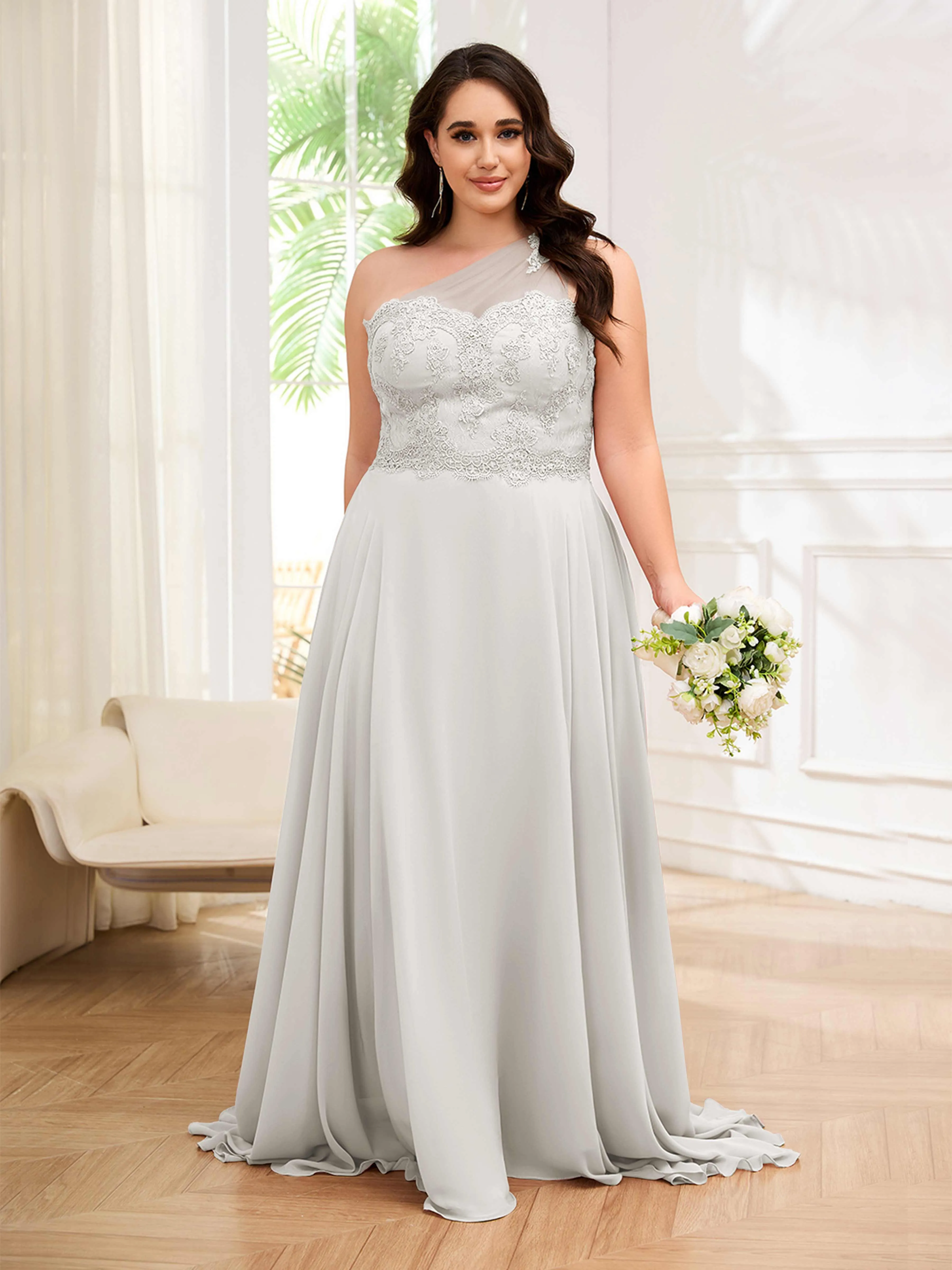 Imani Graceful One Shoulder Slit Long Chiffon Plus Size Bridesmaid Dresses