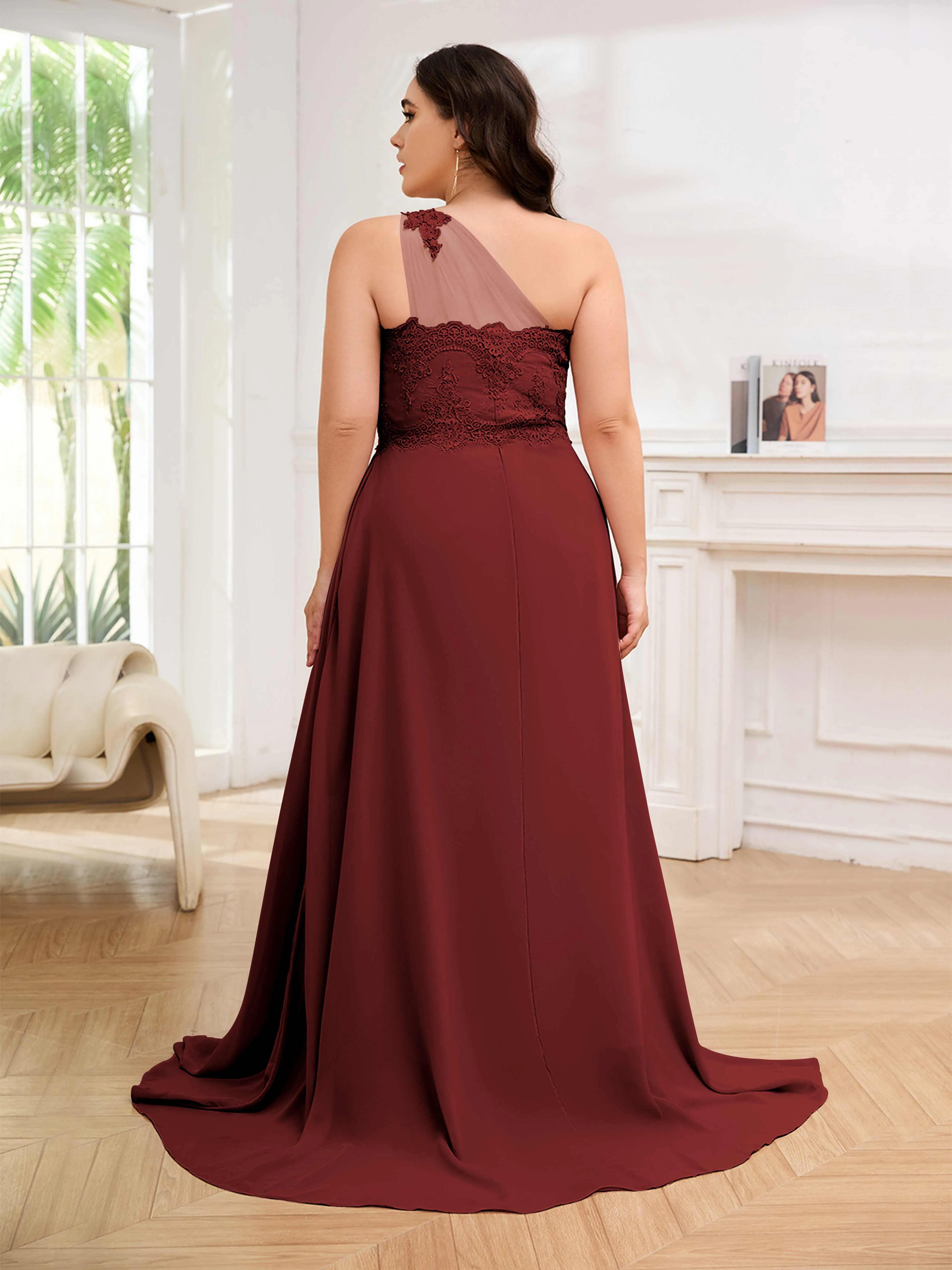 Imani Graceful One Shoulder Slit Long Chiffon Plus Size Bridesmaid Dresses