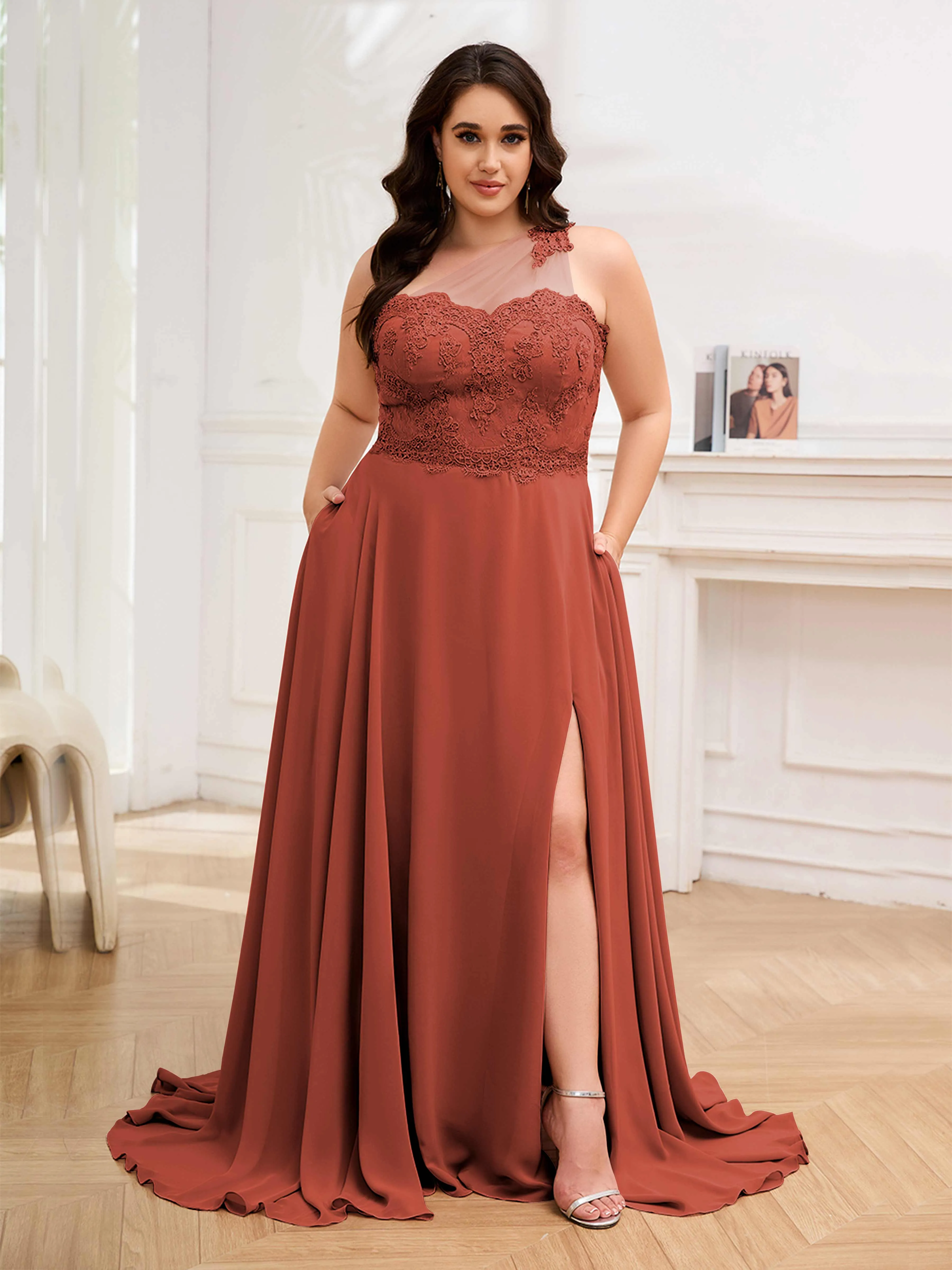 Imani Graceful One Shoulder Slit Long Chiffon Plus Size Bridesmaid Dresses