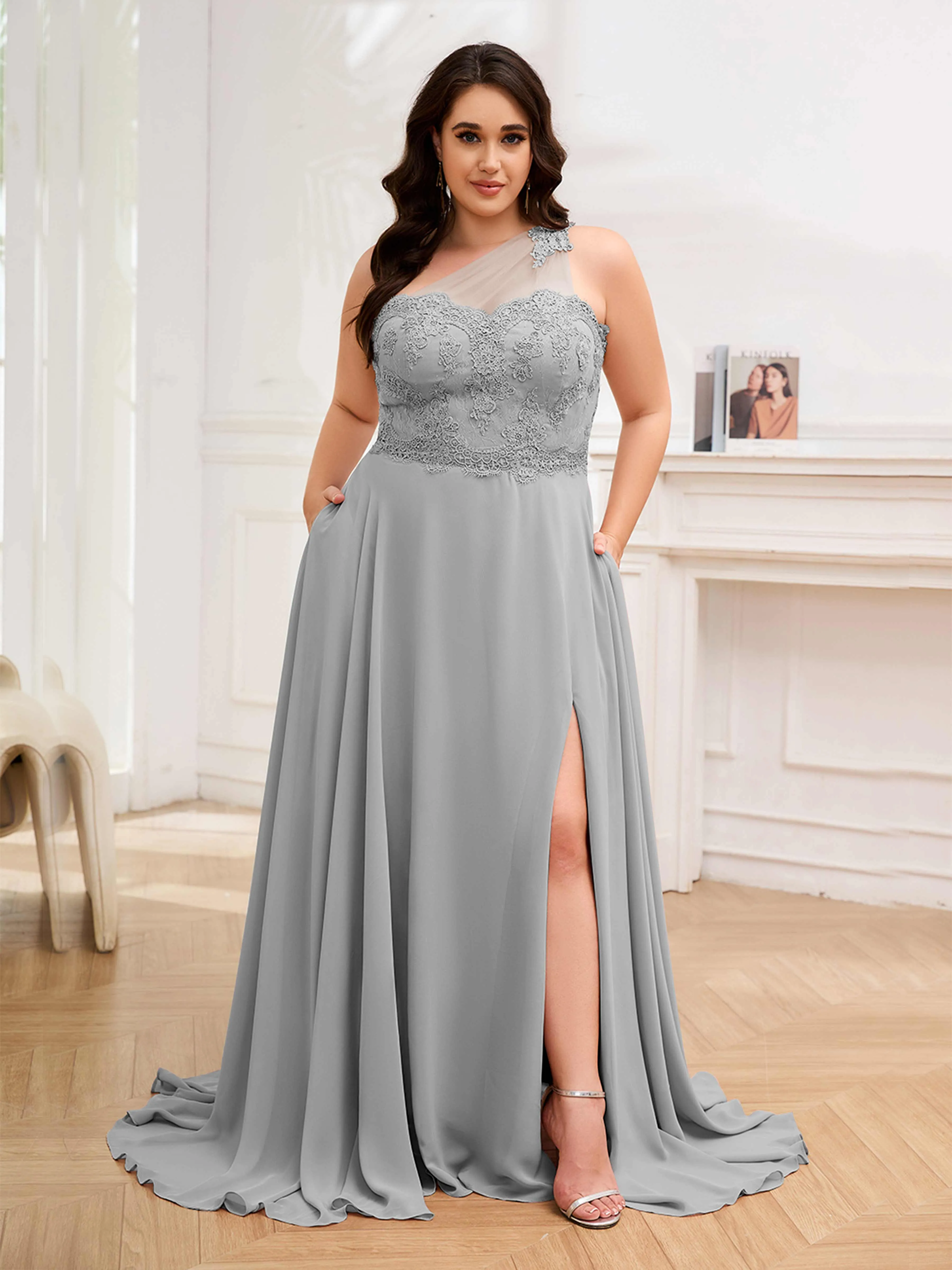 Imani Graceful One Shoulder Slit Long Chiffon Plus Size Bridesmaid Dresses