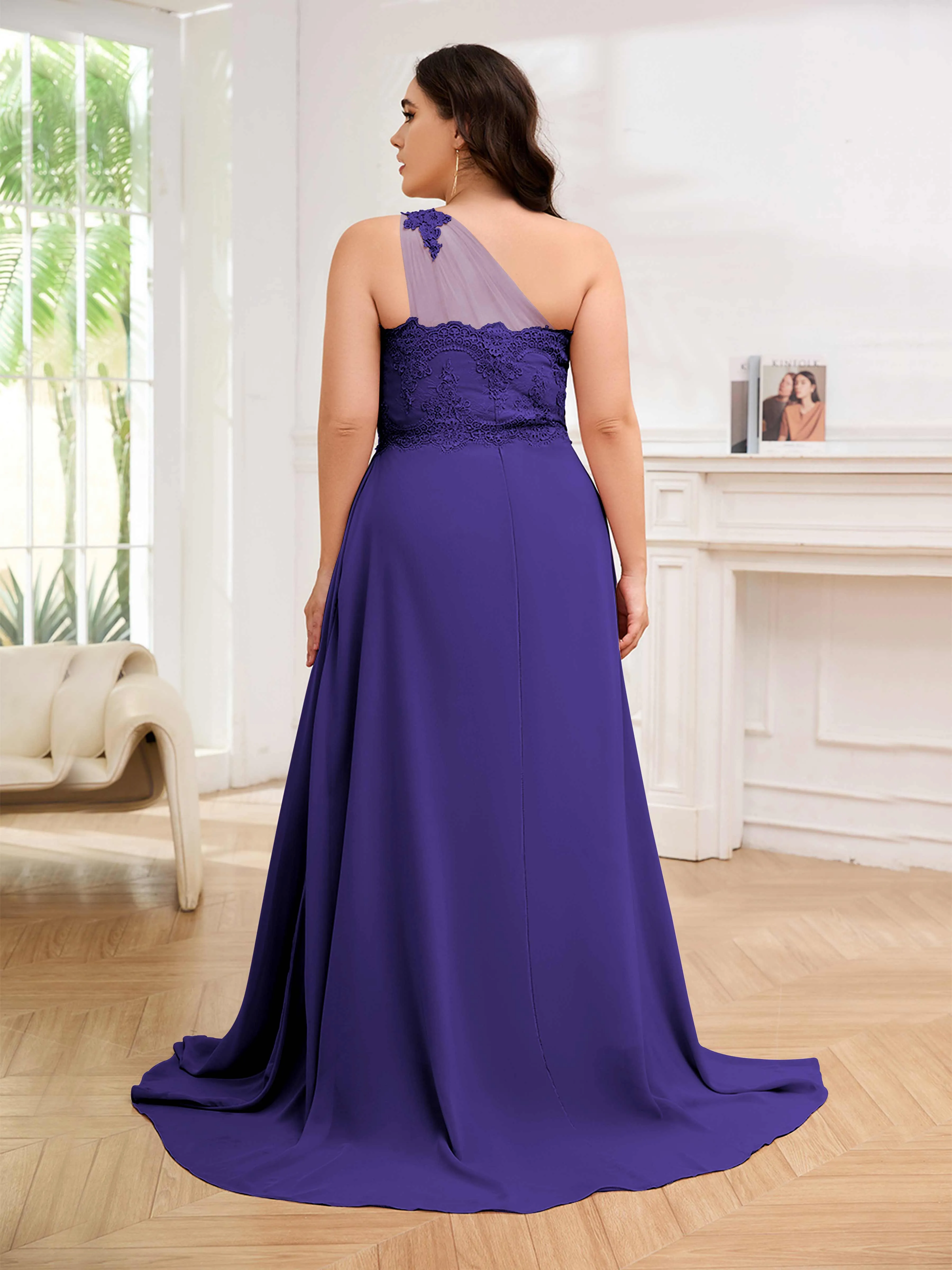 Imani Graceful One Shoulder Slit Long Chiffon Plus Size Bridesmaid Dresses