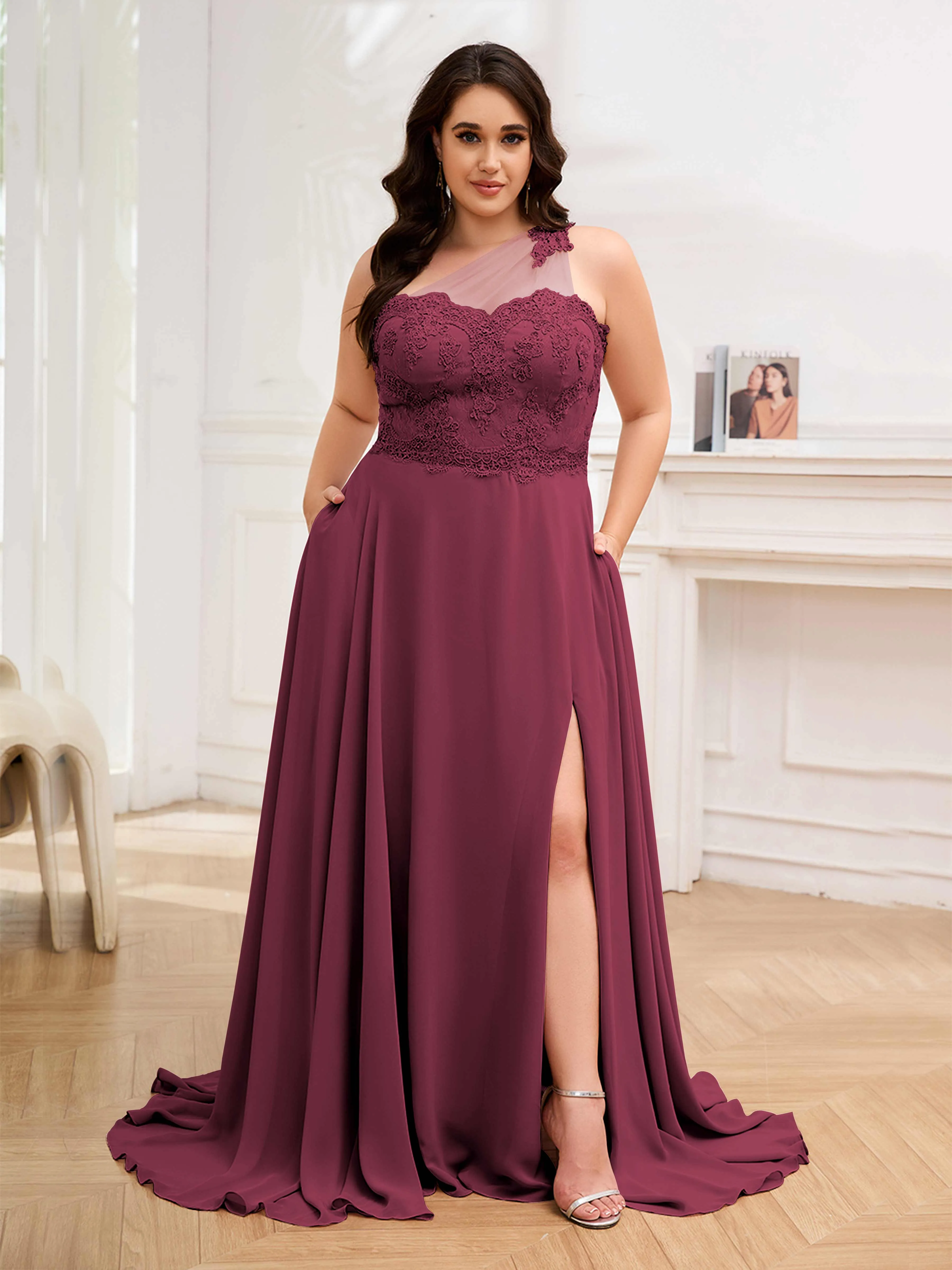 Imani Graceful One Shoulder Slit Long Chiffon Plus Size Bridesmaid Dresses
