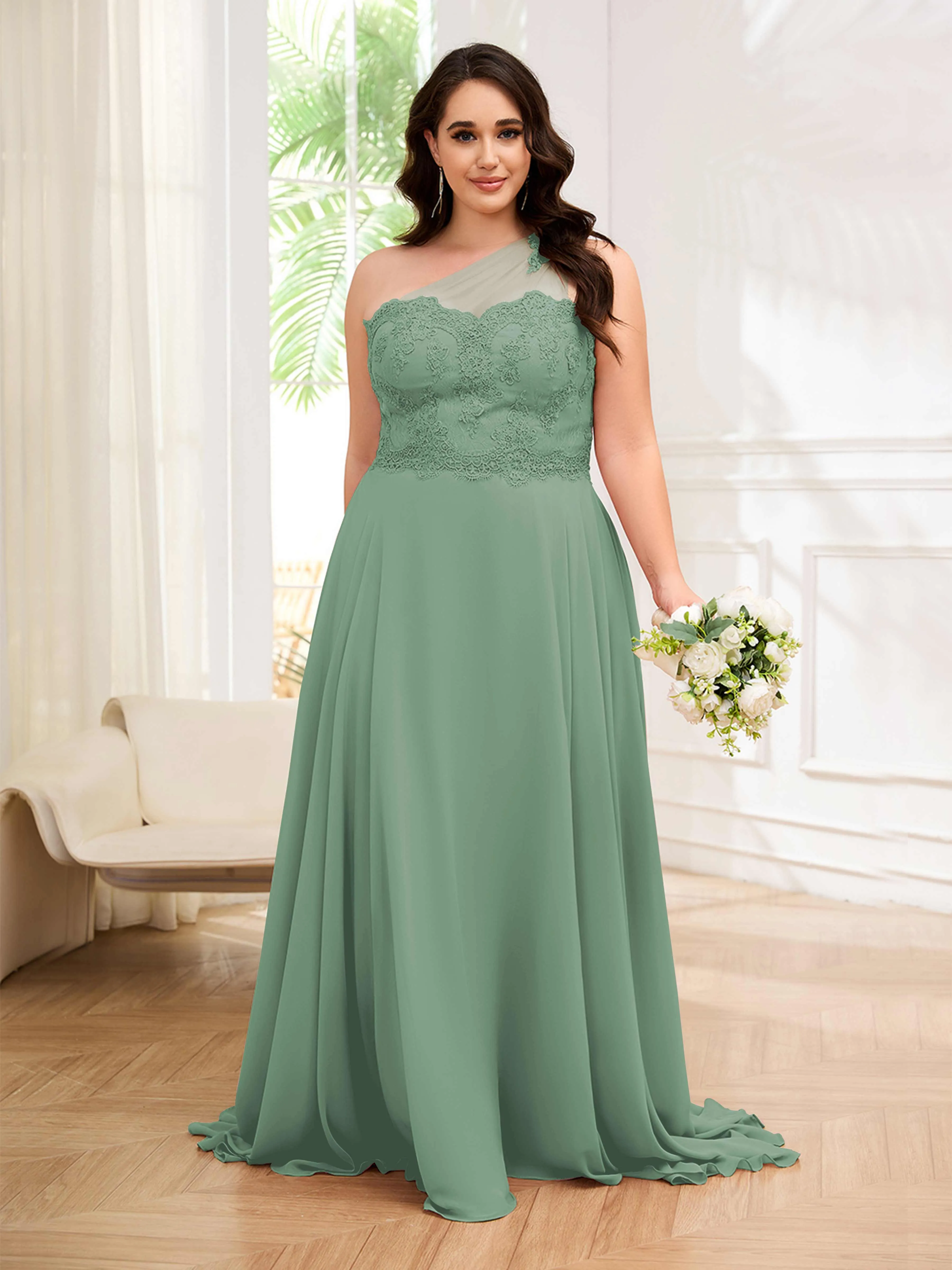 Imani Graceful One Shoulder Slit Long Chiffon Plus Size Bridesmaid Dresses