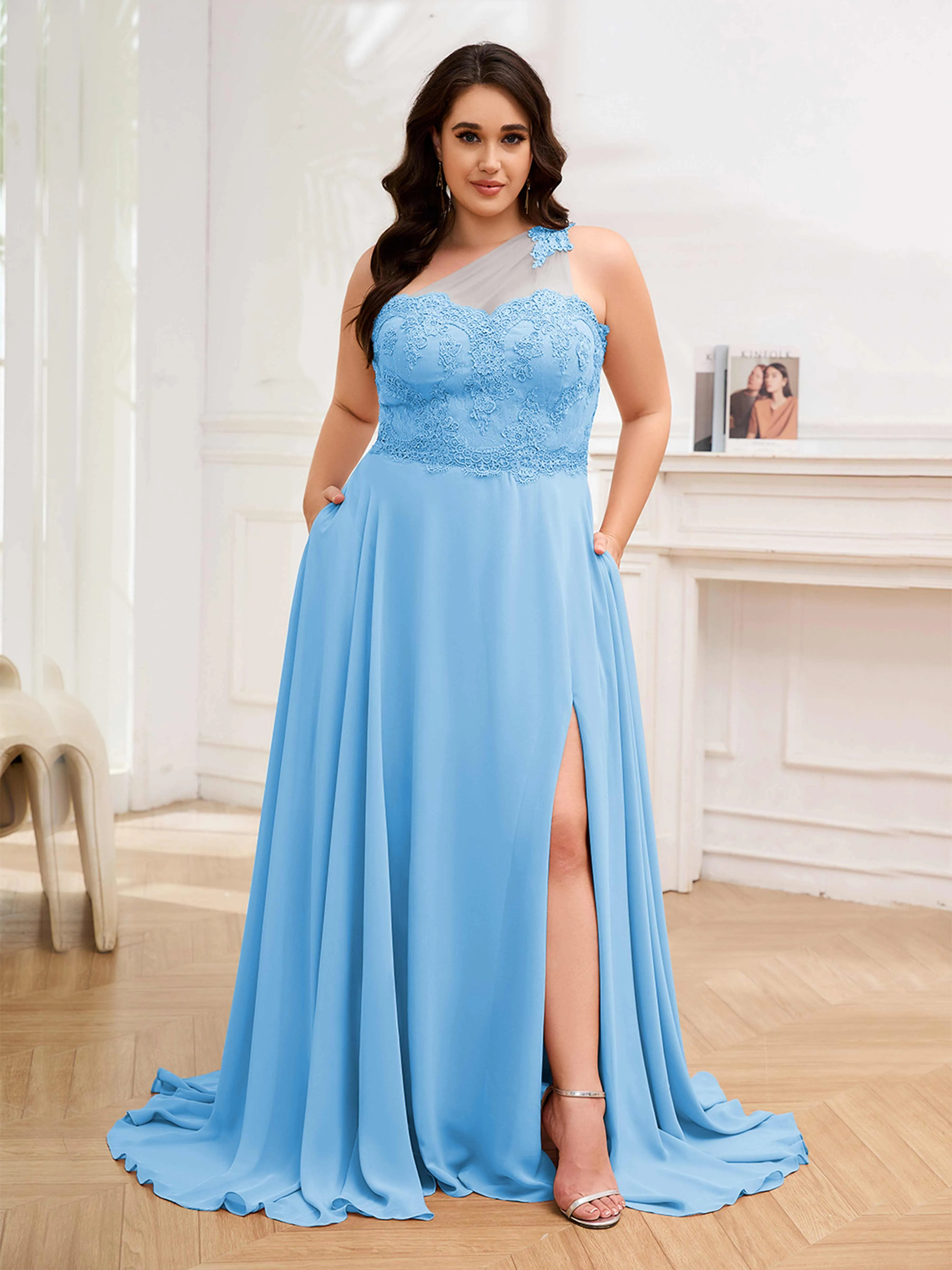 Imani Graceful One Shoulder Slit Long Chiffon Plus Size Bridesmaid Dresses