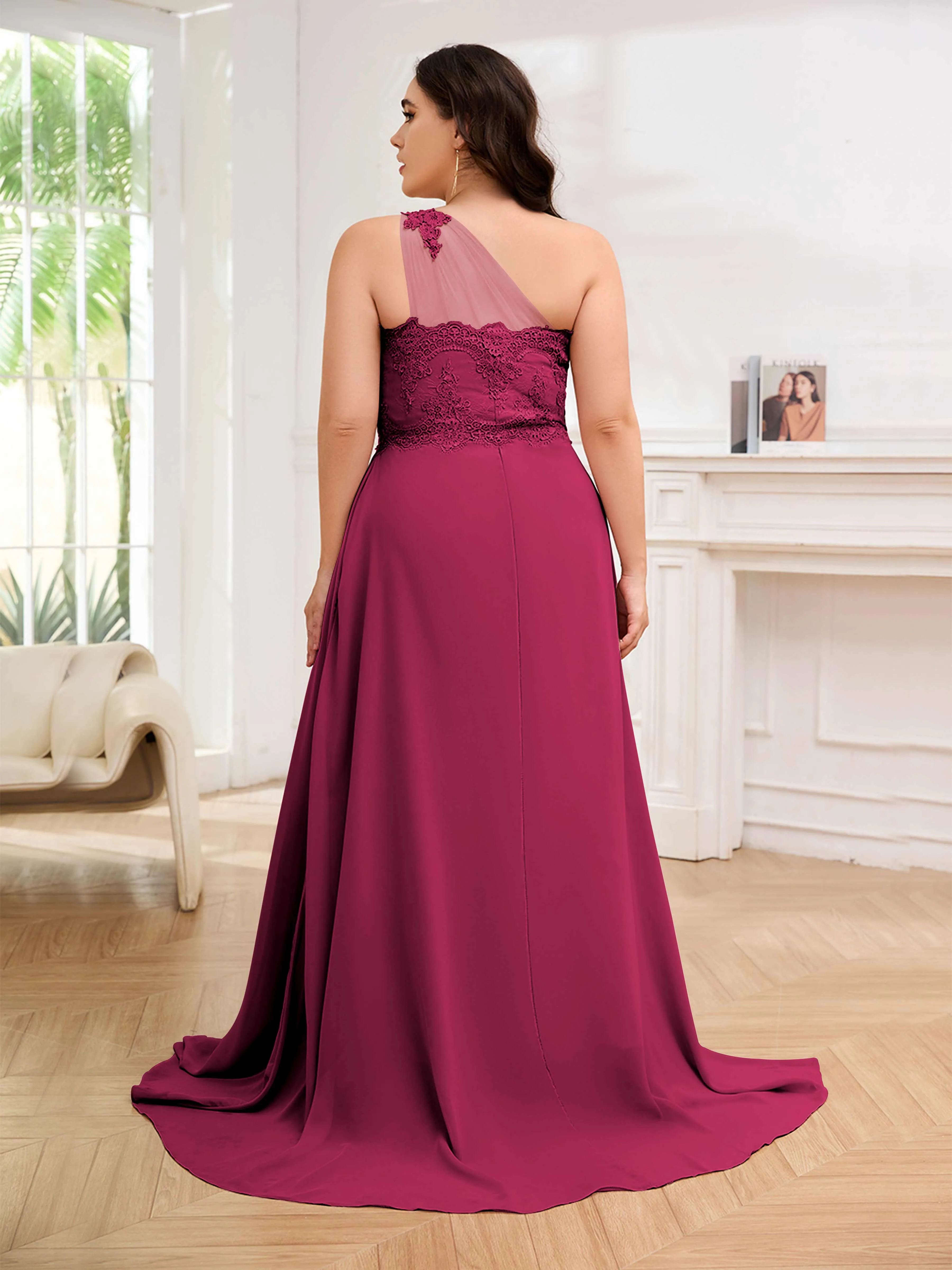 Imani Graceful One Shoulder Slit Long Chiffon Plus Size Bridesmaid Dresses