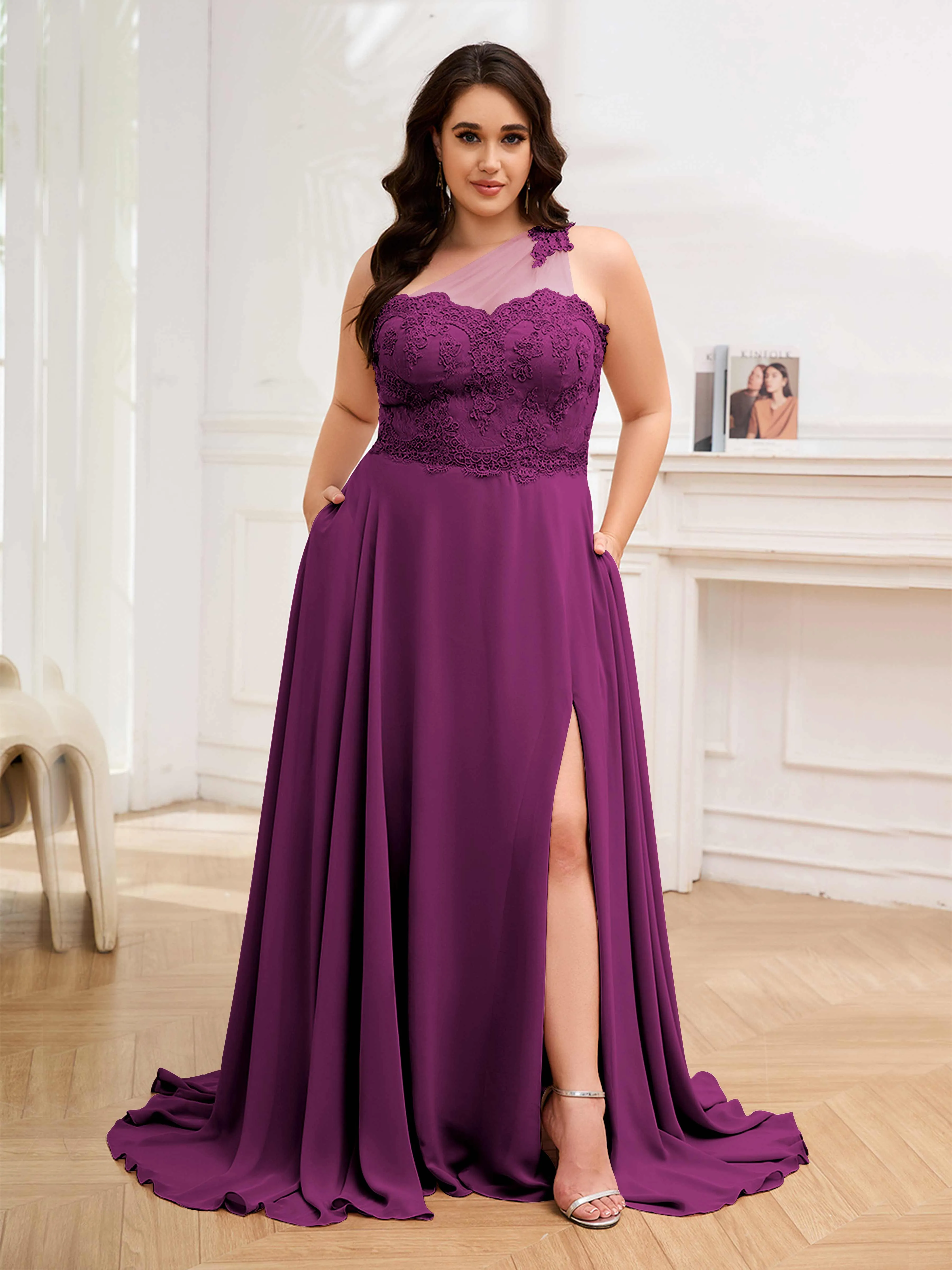 Imani Graceful One Shoulder Slit Long Chiffon Plus Size Bridesmaid Dresses