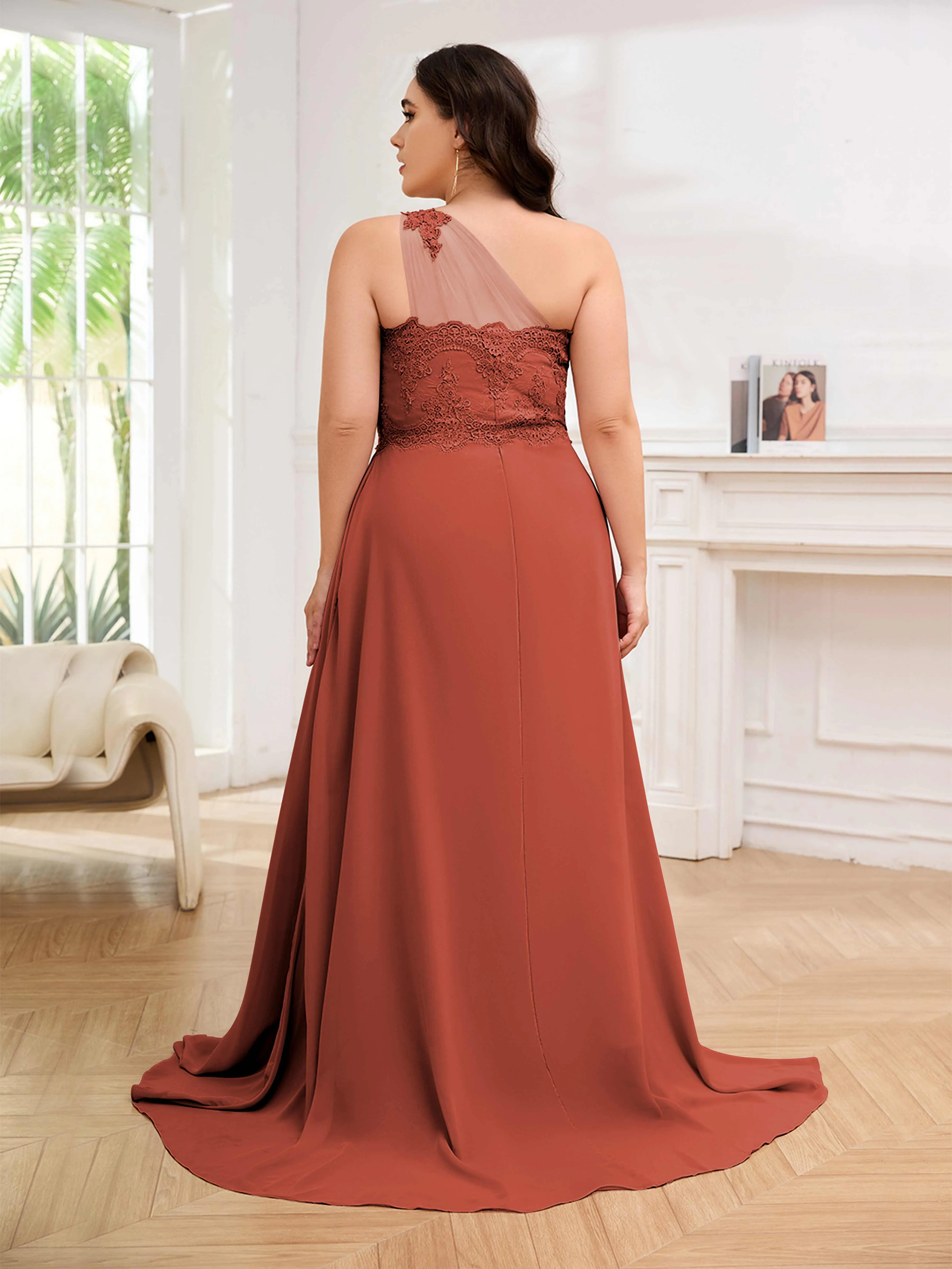 Imani Graceful One Shoulder Slit Long Chiffon Plus Size Bridesmaid Dresses