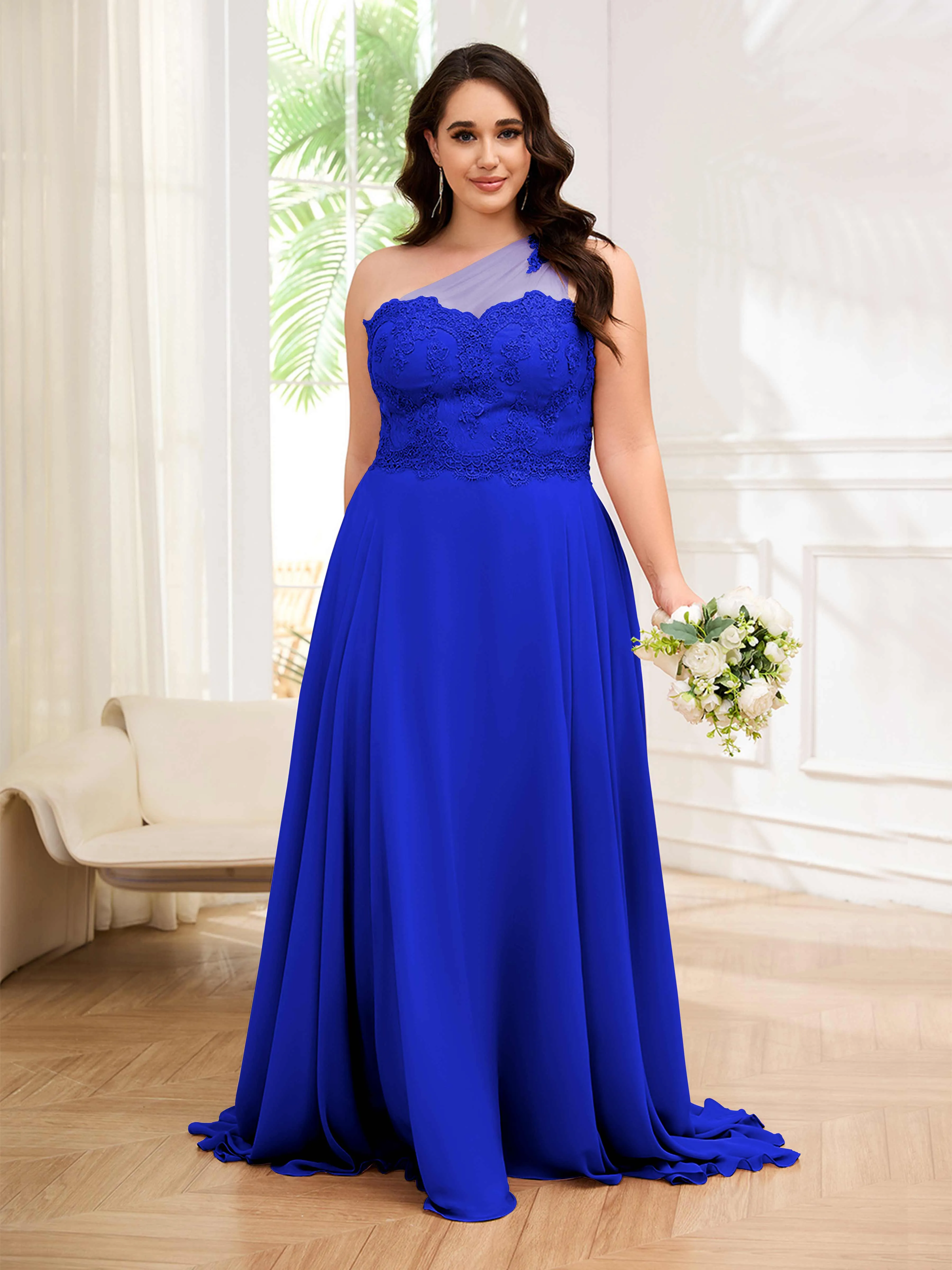 Imani Graceful One Shoulder Slit Long Chiffon Plus Size Bridesmaid Dresses
