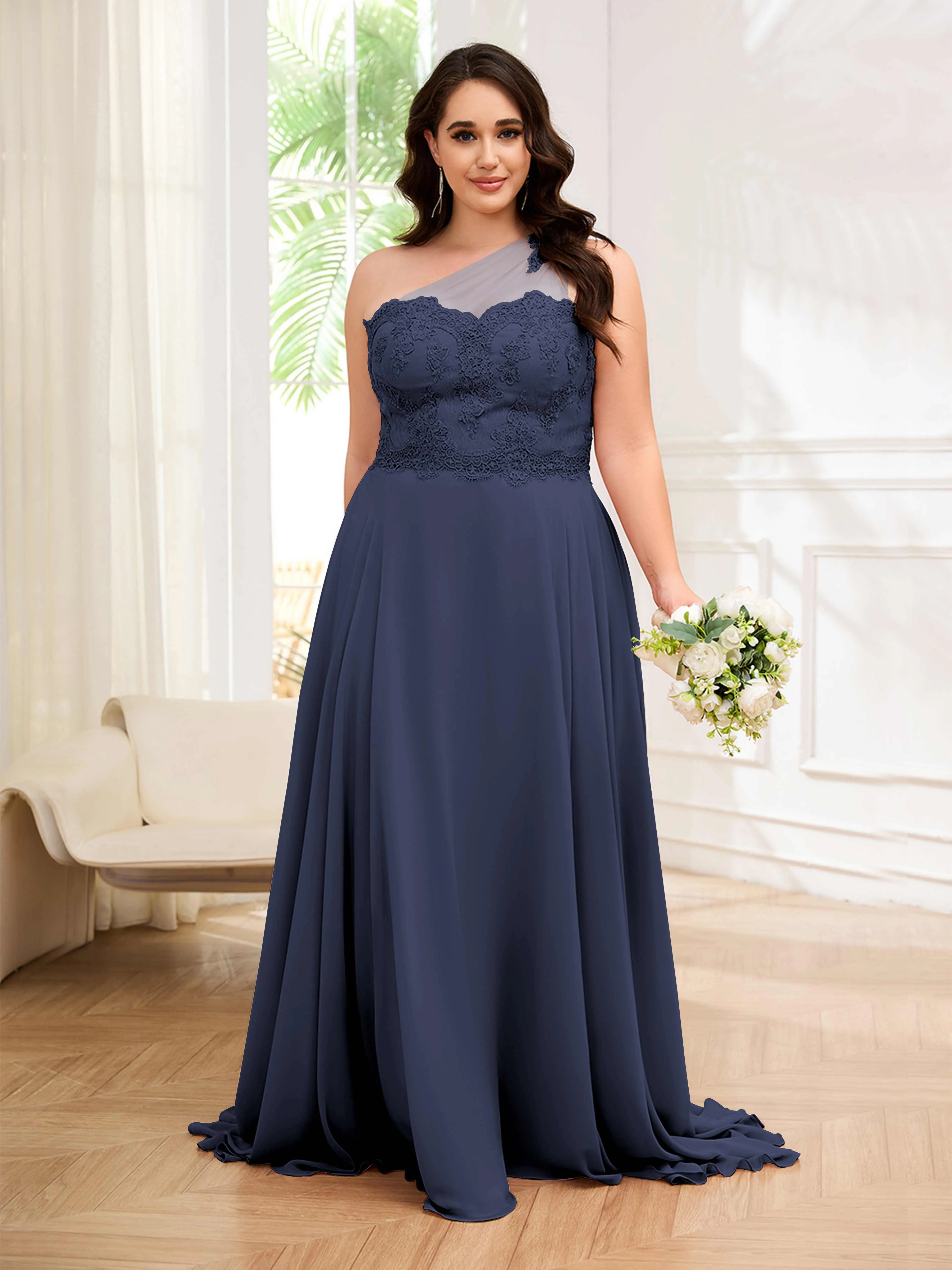 Imani Graceful One Shoulder Slit Long Chiffon Plus Size Bridesmaid Dresses