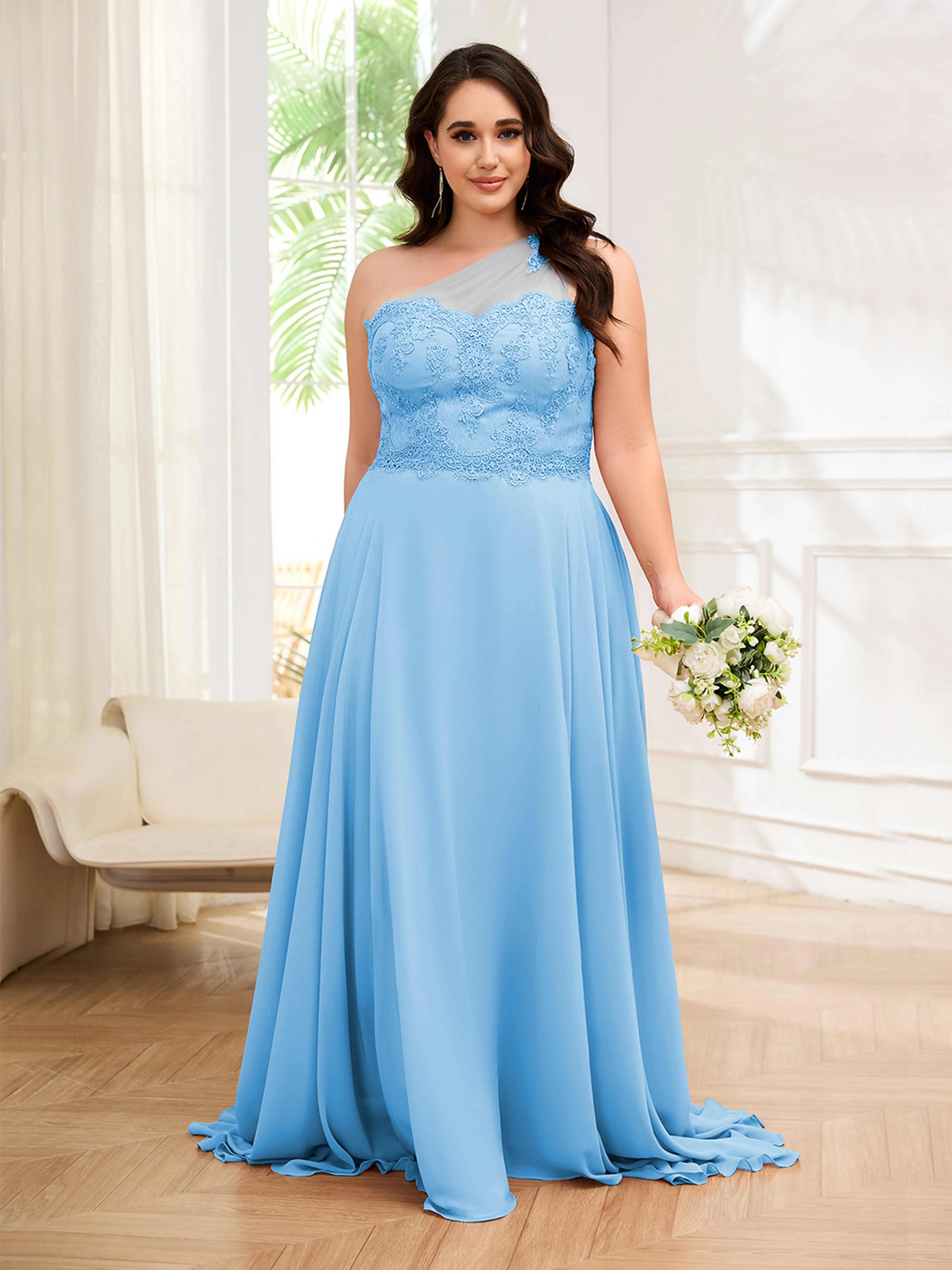 Imani Graceful One Shoulder Slit Long Chiffon Plus Size Bridesmaid Dresses