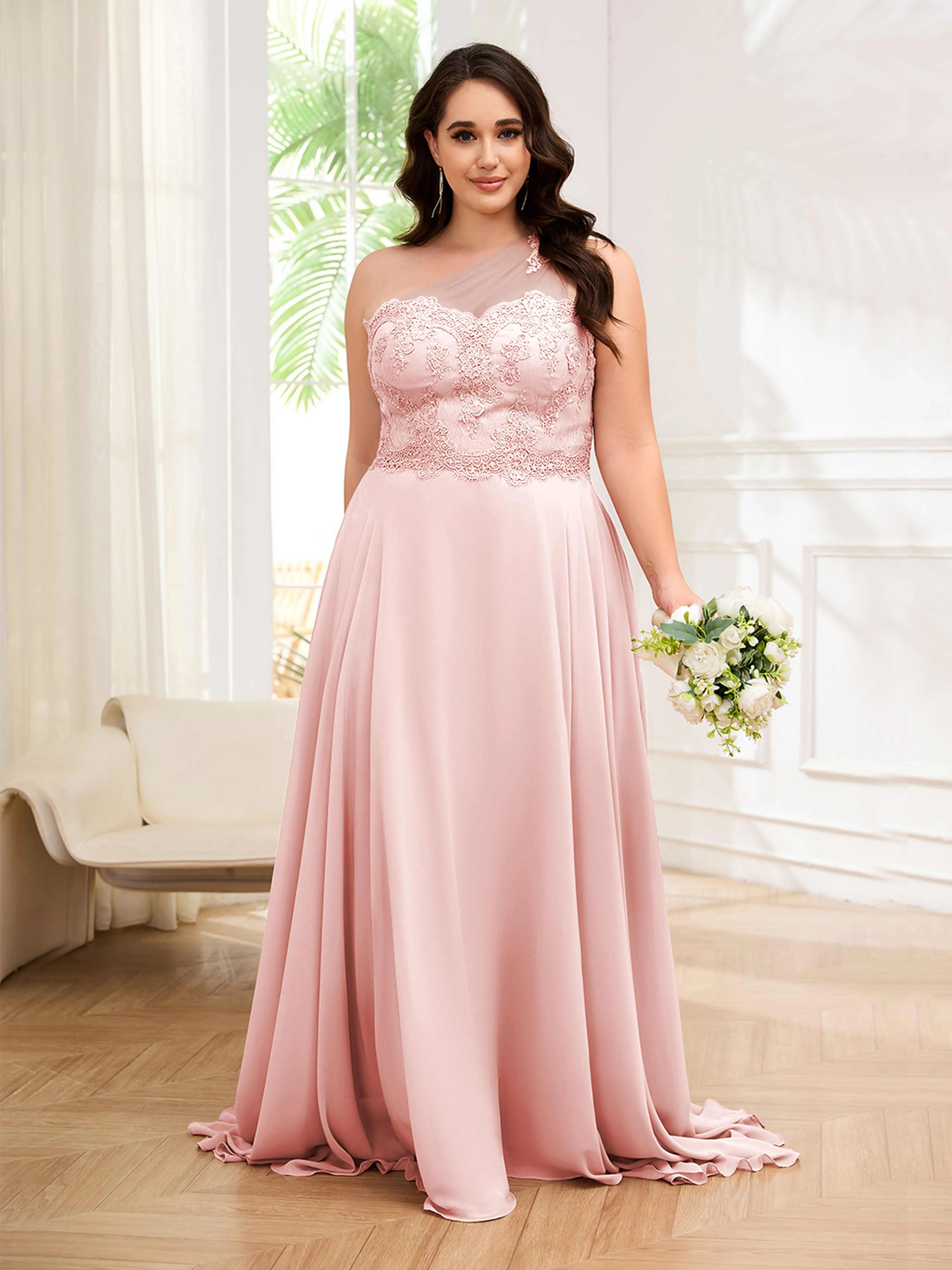 Imani Graceful One Shoulder Slit Long Chiffon Plus Size Bridesmaid Dresses