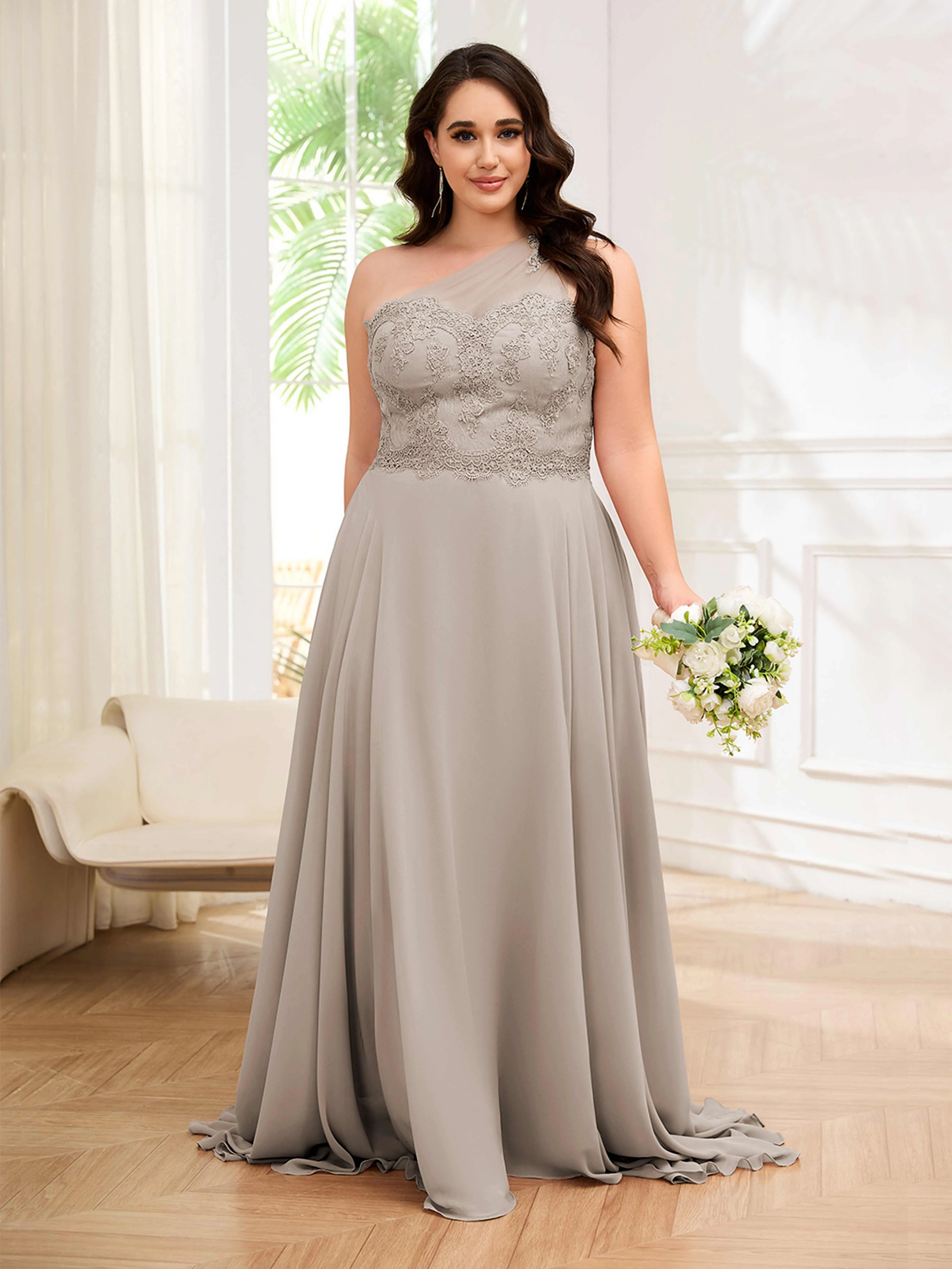 Imani Graceful One Shoulder Slit Long Chiffon Plus Size Bridesmaid Dresses
