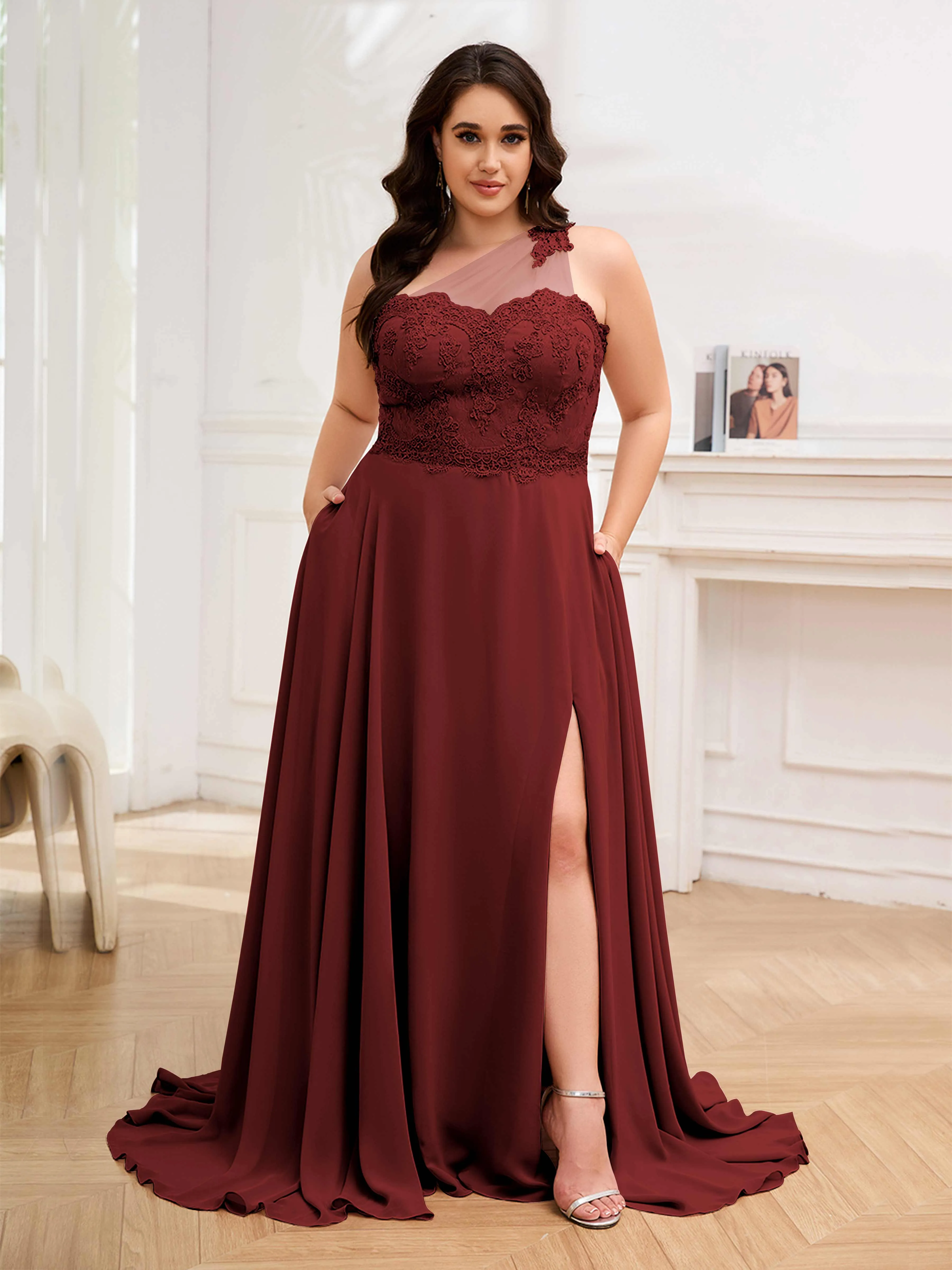 Imani Graceful One Shoulder Slit Long Chiffon Plus Size Bridesmaid Dresses