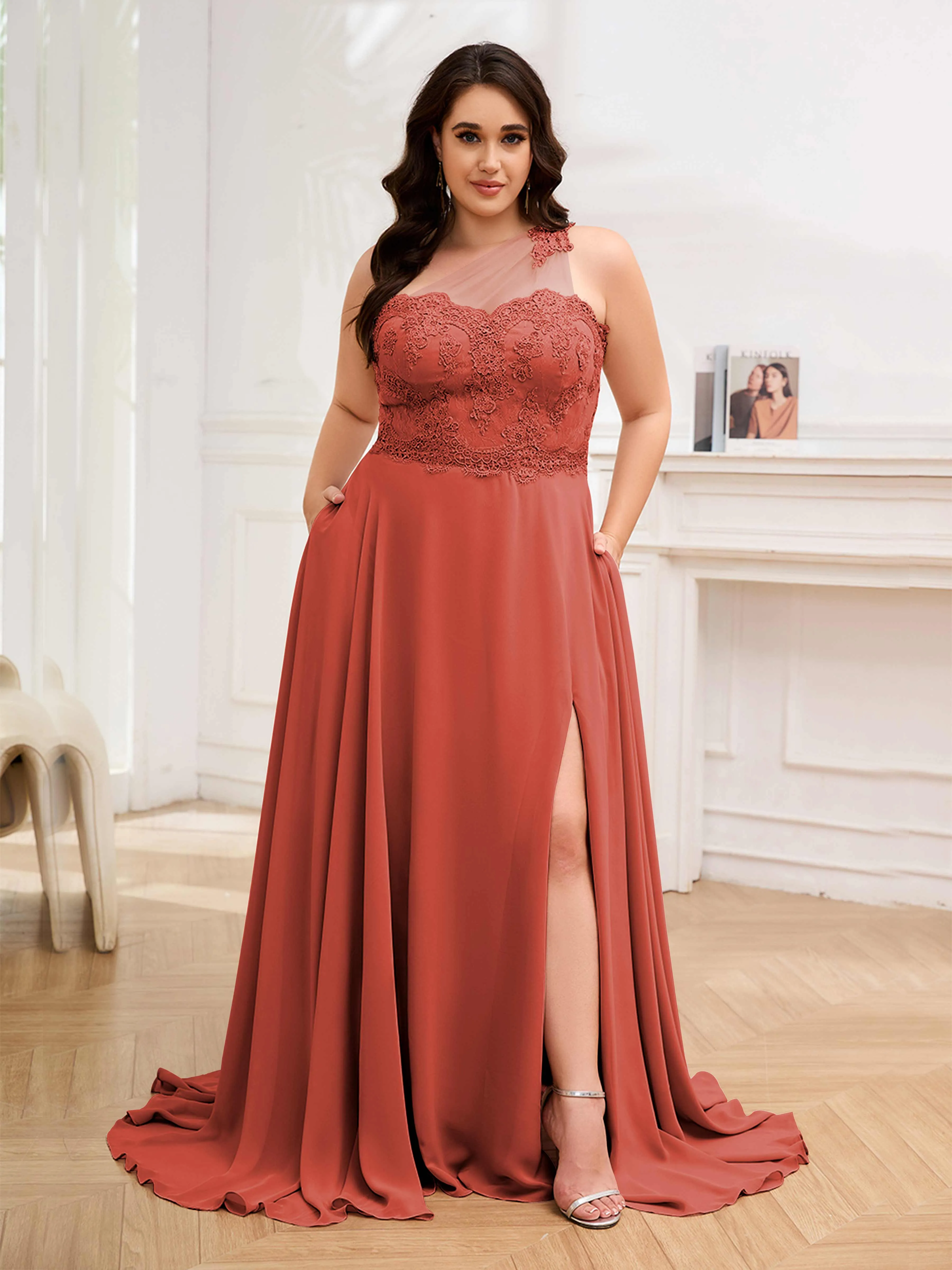 Imani Graceful One Shoulder Slit Long Chiffon Plus Size Bridesmaid Dresses