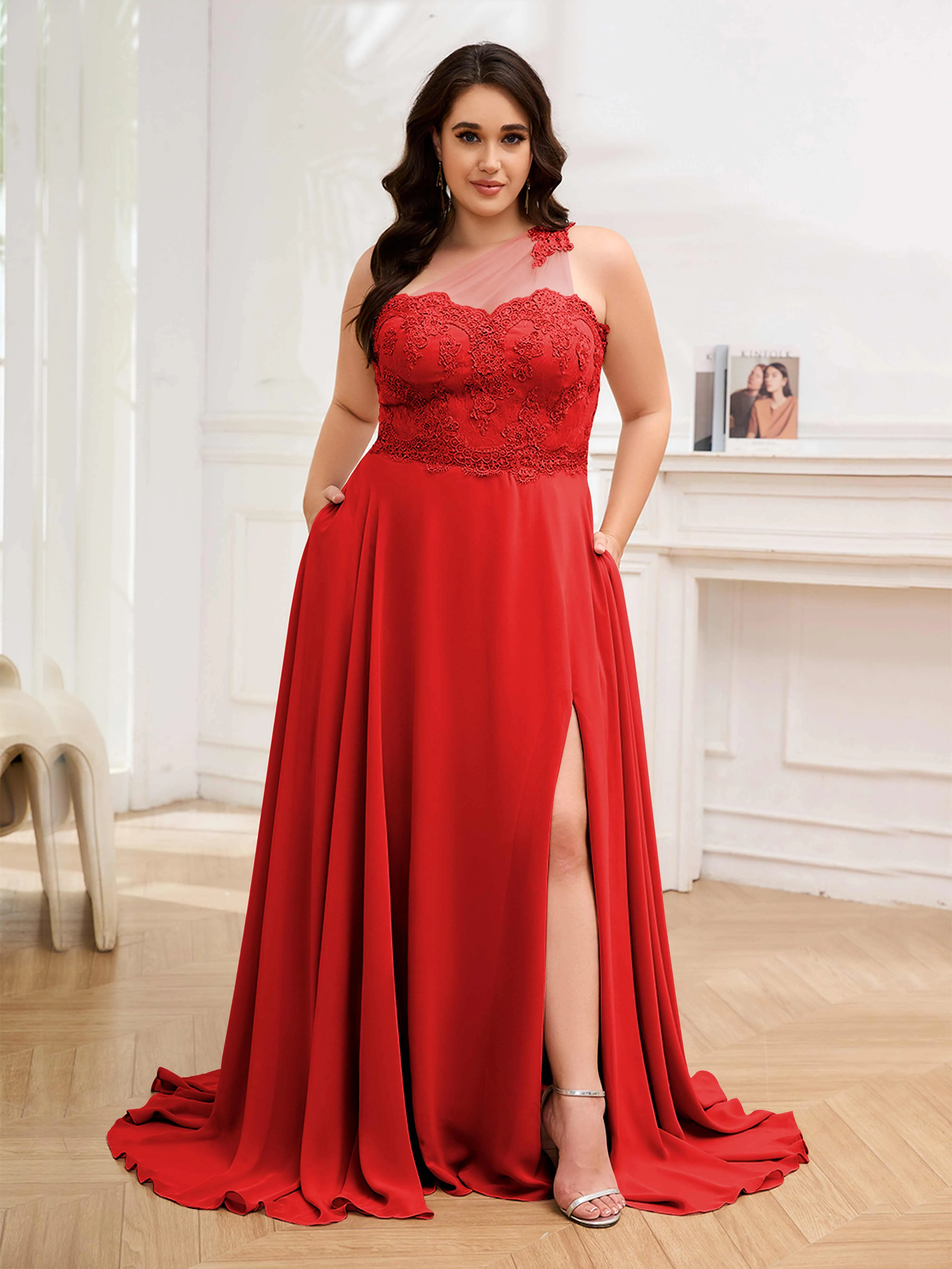 Imani Graceful One Shoulder Slit Long Chiffon Plus Size Bridesmaid Dresses
