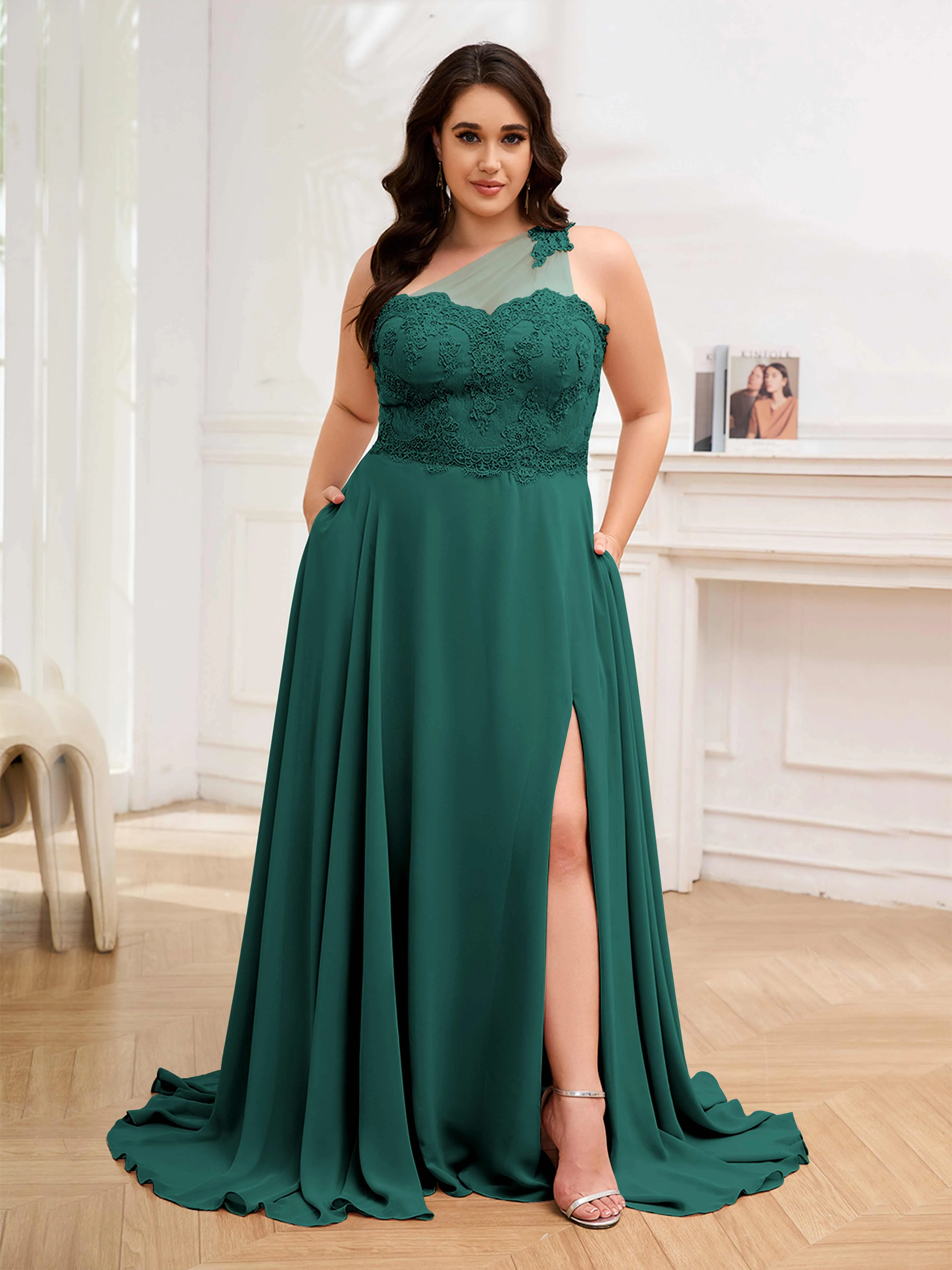 Imani Graceful One Shoulder Slit Long Chiffon Plus Size Bridesmaid Dresses