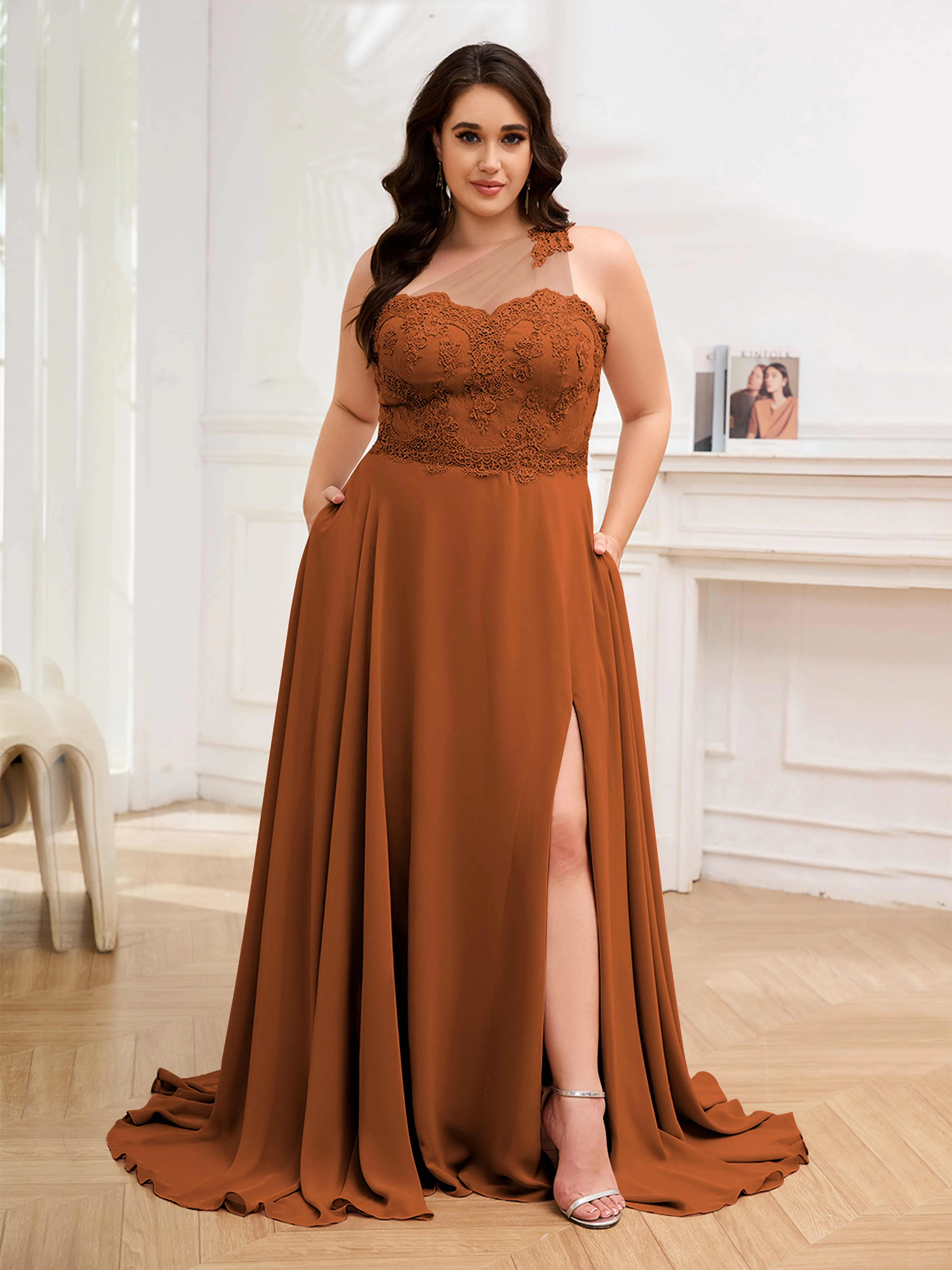 Imani Graceful One Shoulder Slit Long Chiffon Plus Size Bridesmaid Dresses
