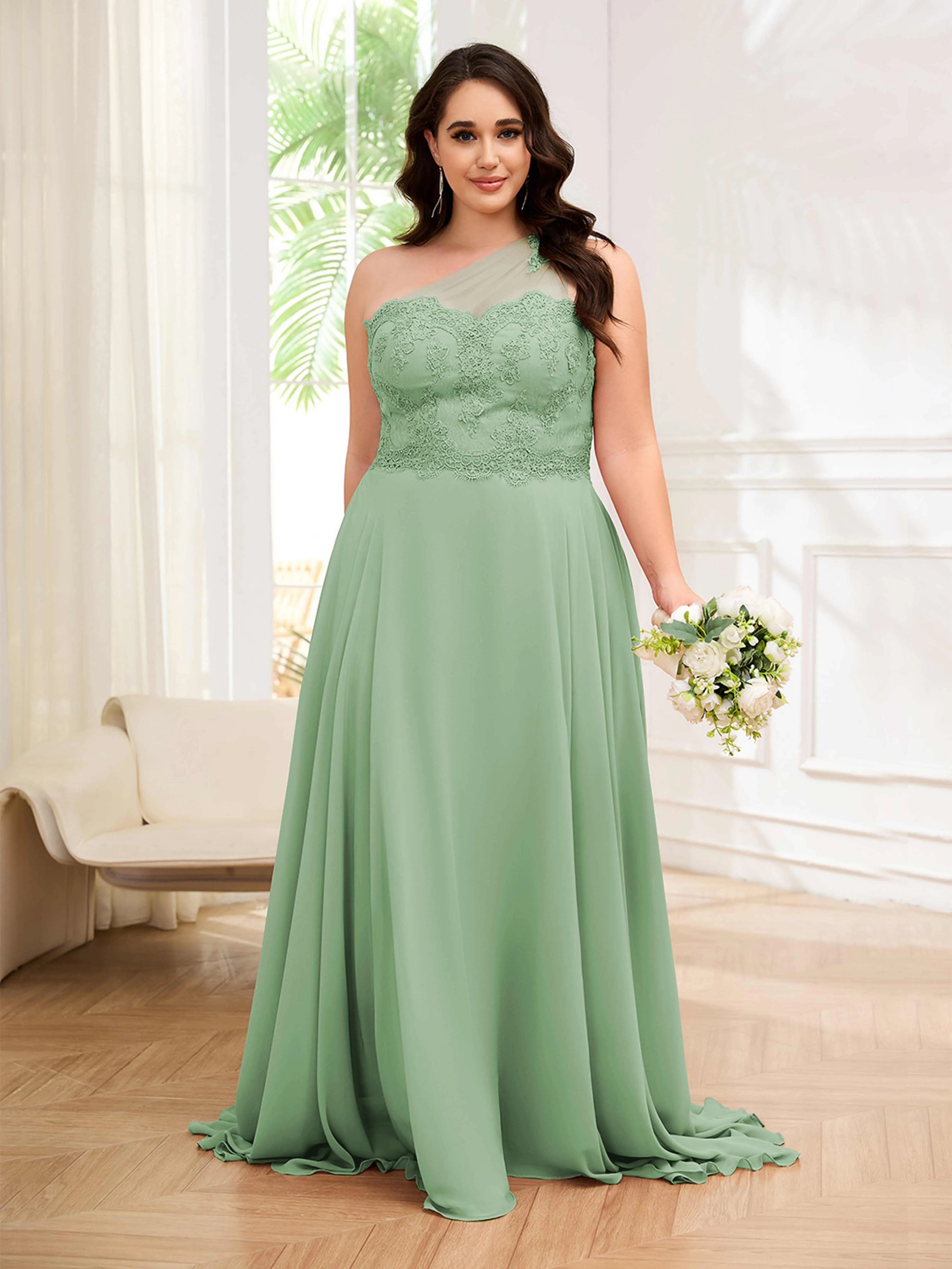 Imani Graceful One Shoulder Slit Long Chiffon Plus Size Bridesmaid Dresses