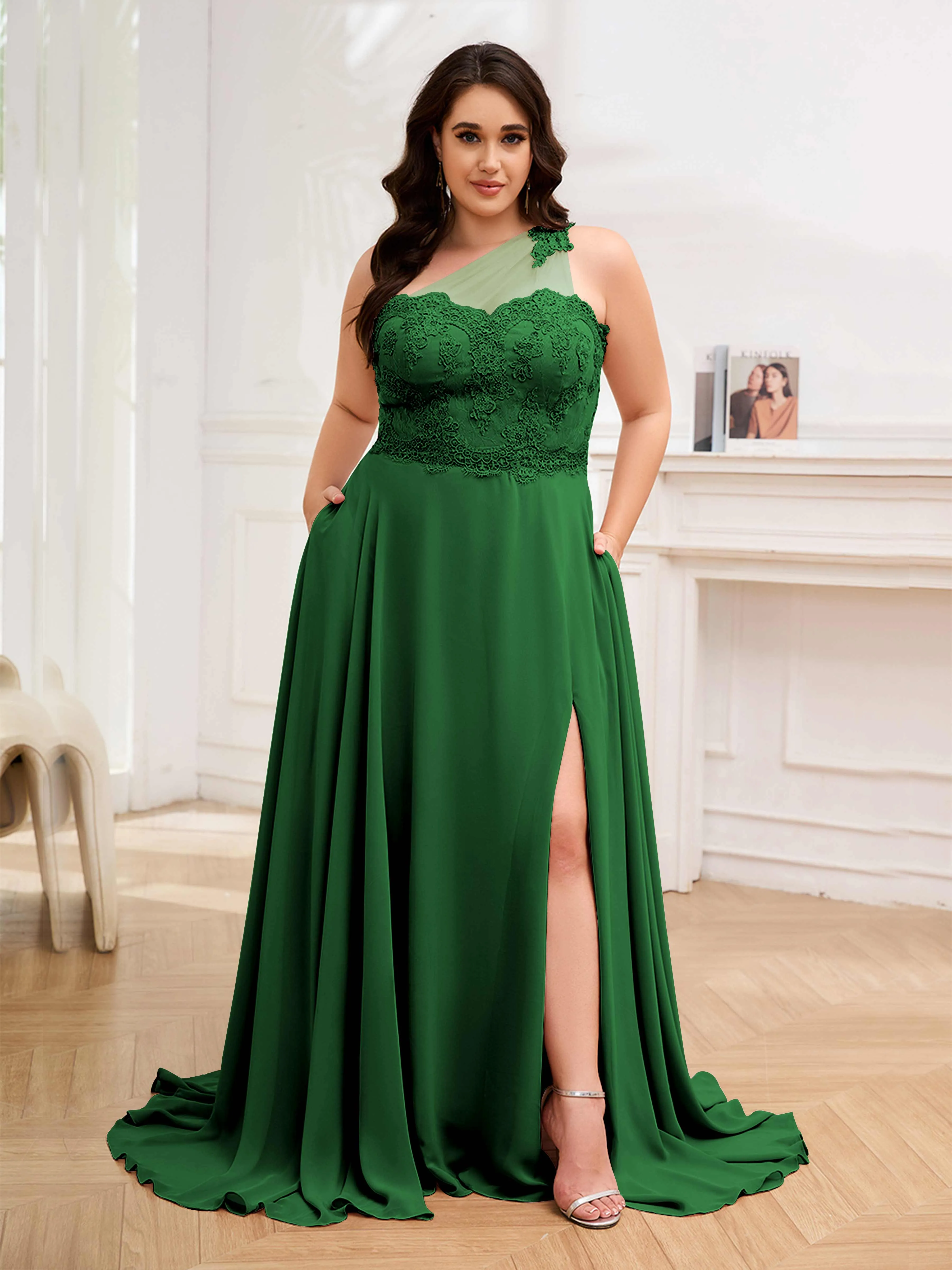 Imani Graceful One Shoulder Slit Long Chiffon Plus Size Bridesmaid Dresses