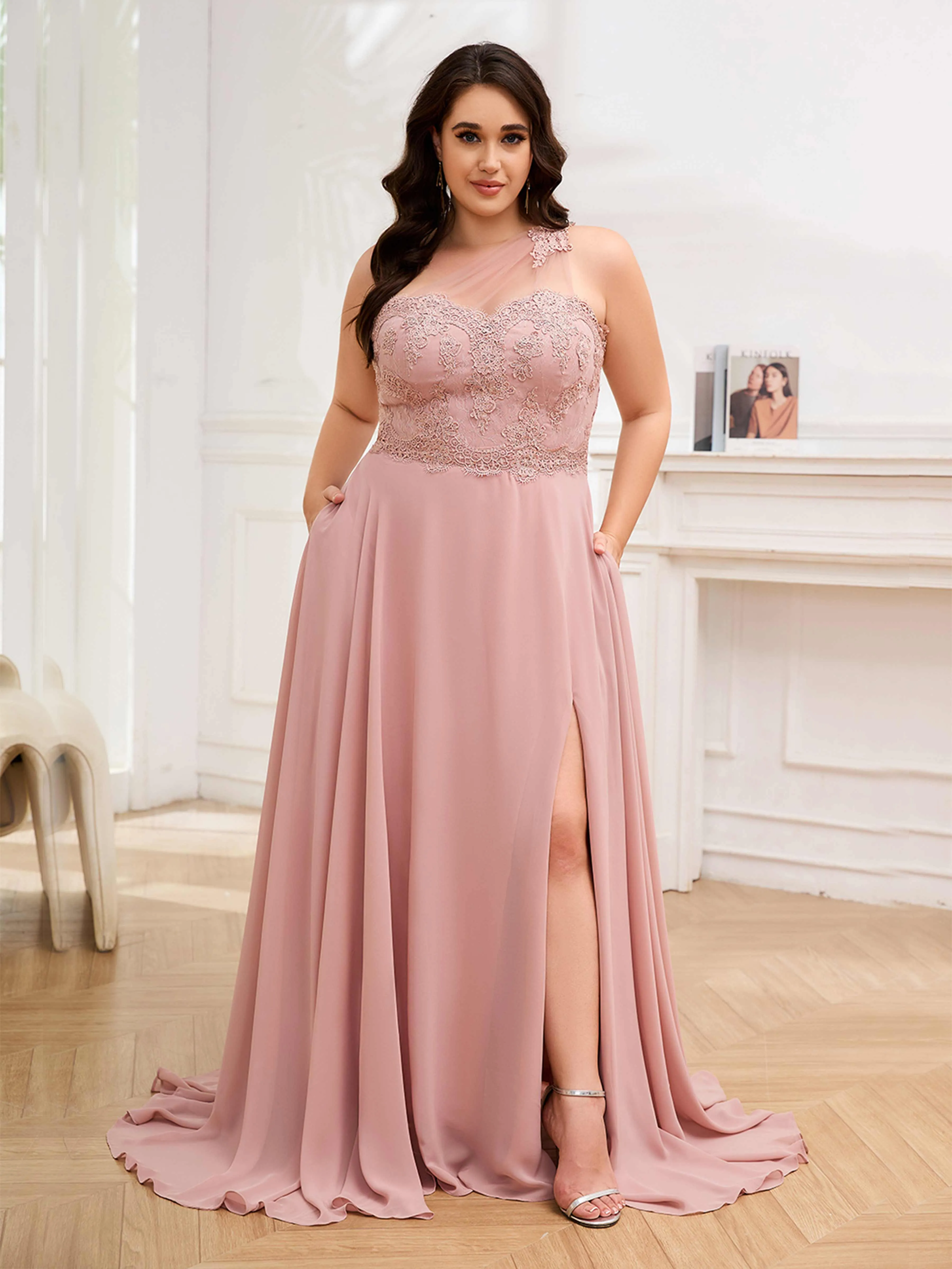 Imani Graceful One Shoulder Slit Long Chiffon Plus Size Bridesmaid Dresses