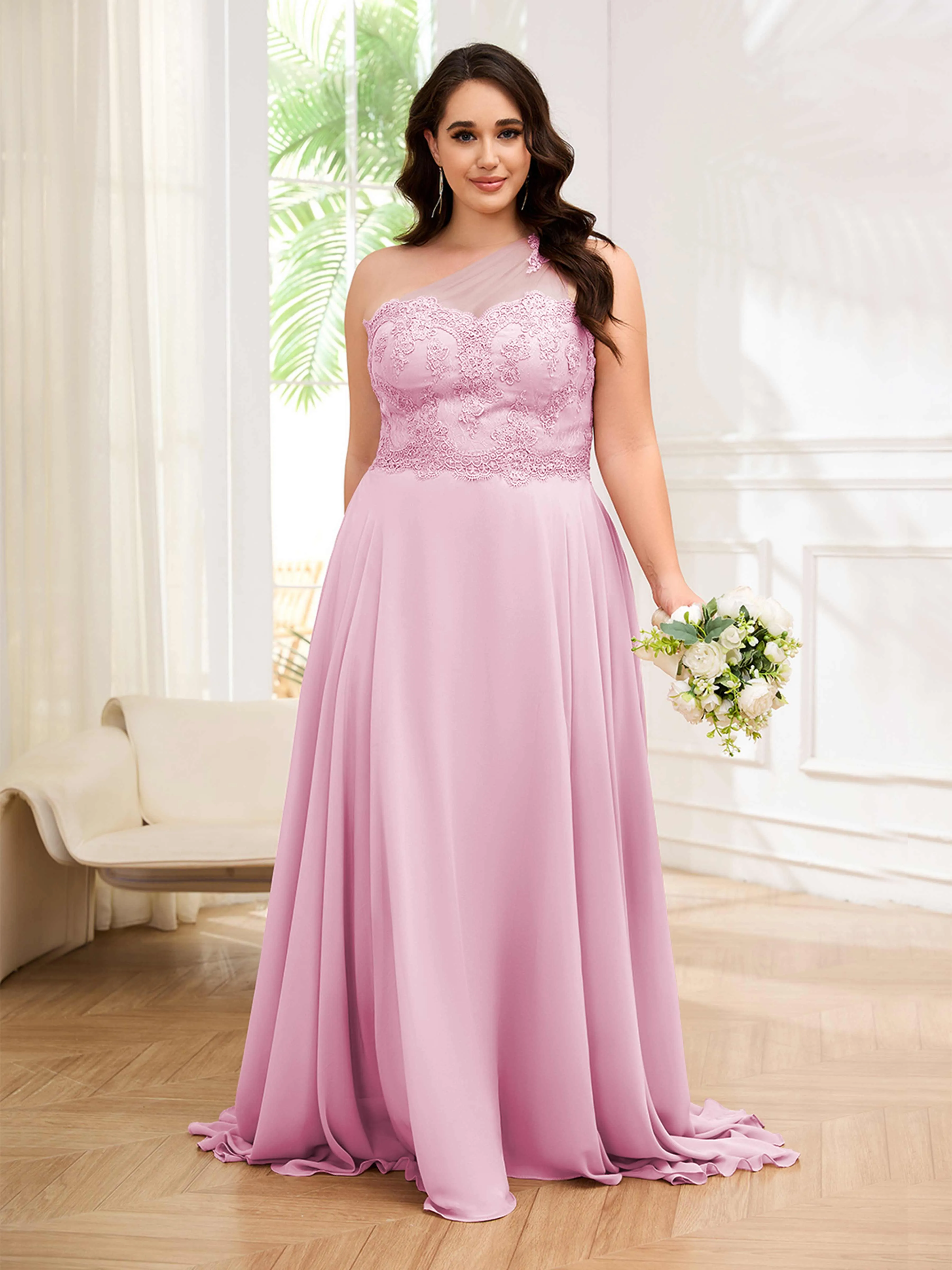 Imani Graceful One Shoulder Slit Long Chiffon Plus Size Bridesmaid Dresses