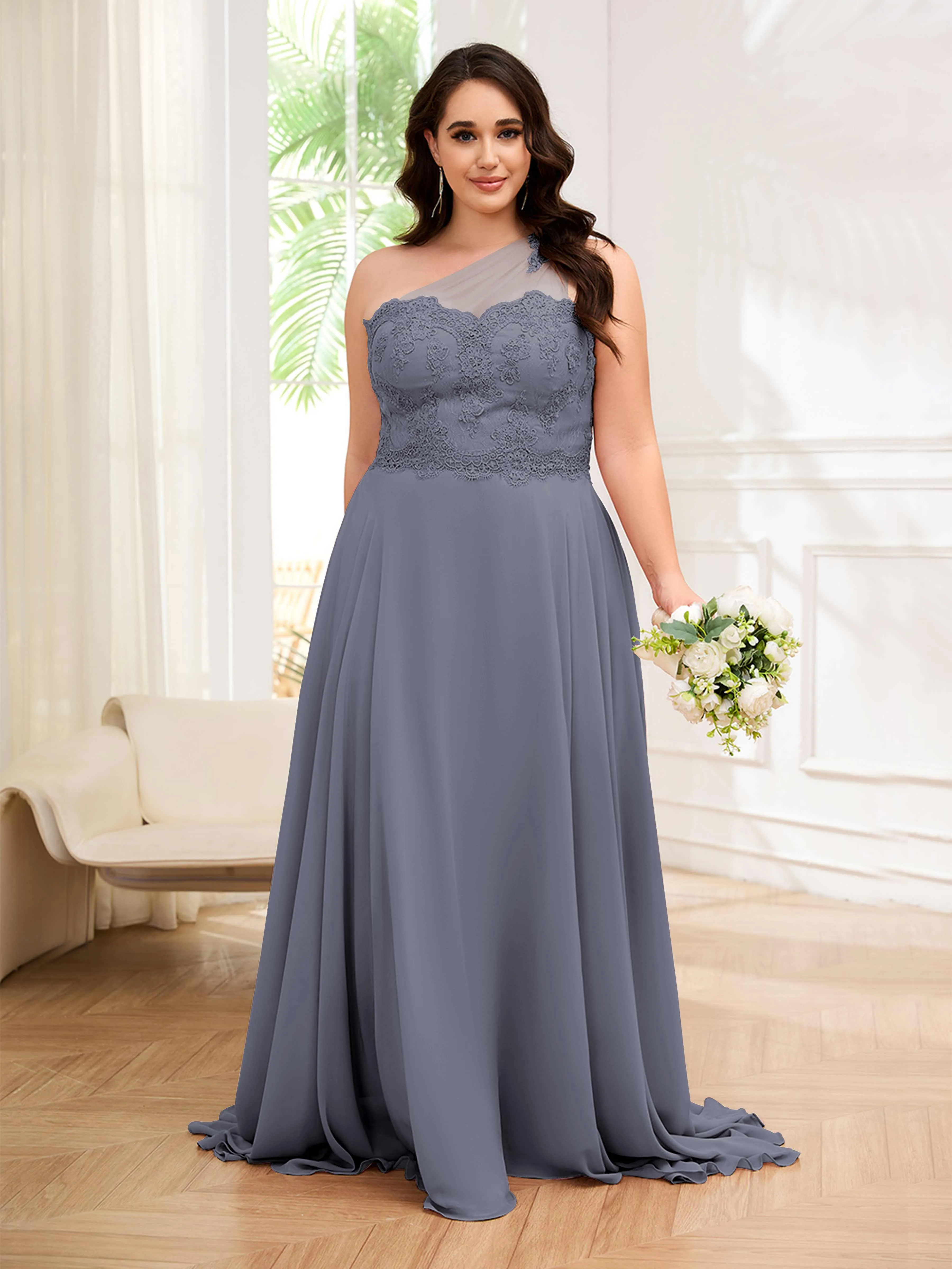 Imani Graceful One Shoulder Slit Long Chiffon Plus Size Bridesmaid Dresses