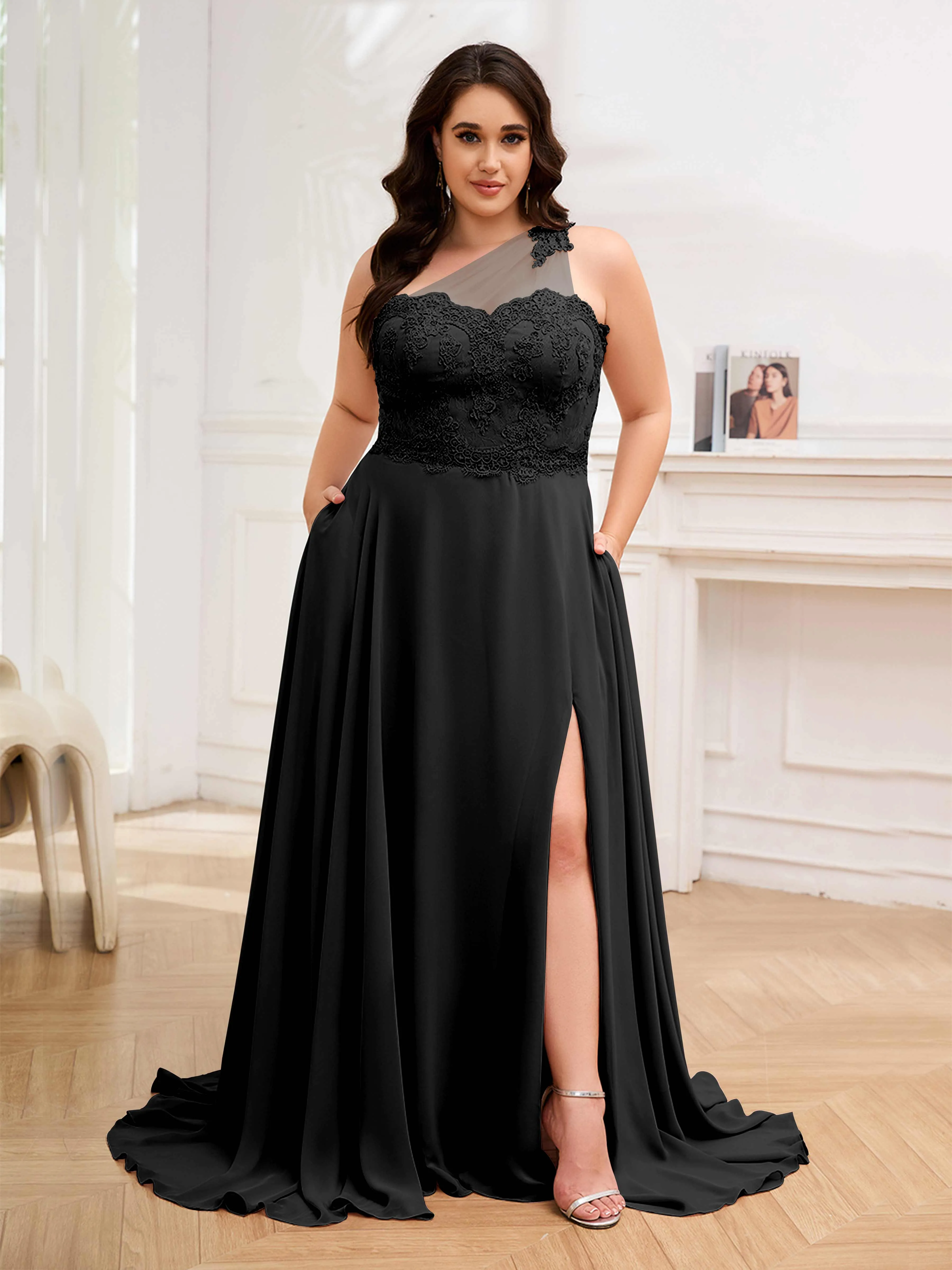 Imani Graceful One Shoulder Slit Long Chiffon Plus Size Bridesmaid Dresses