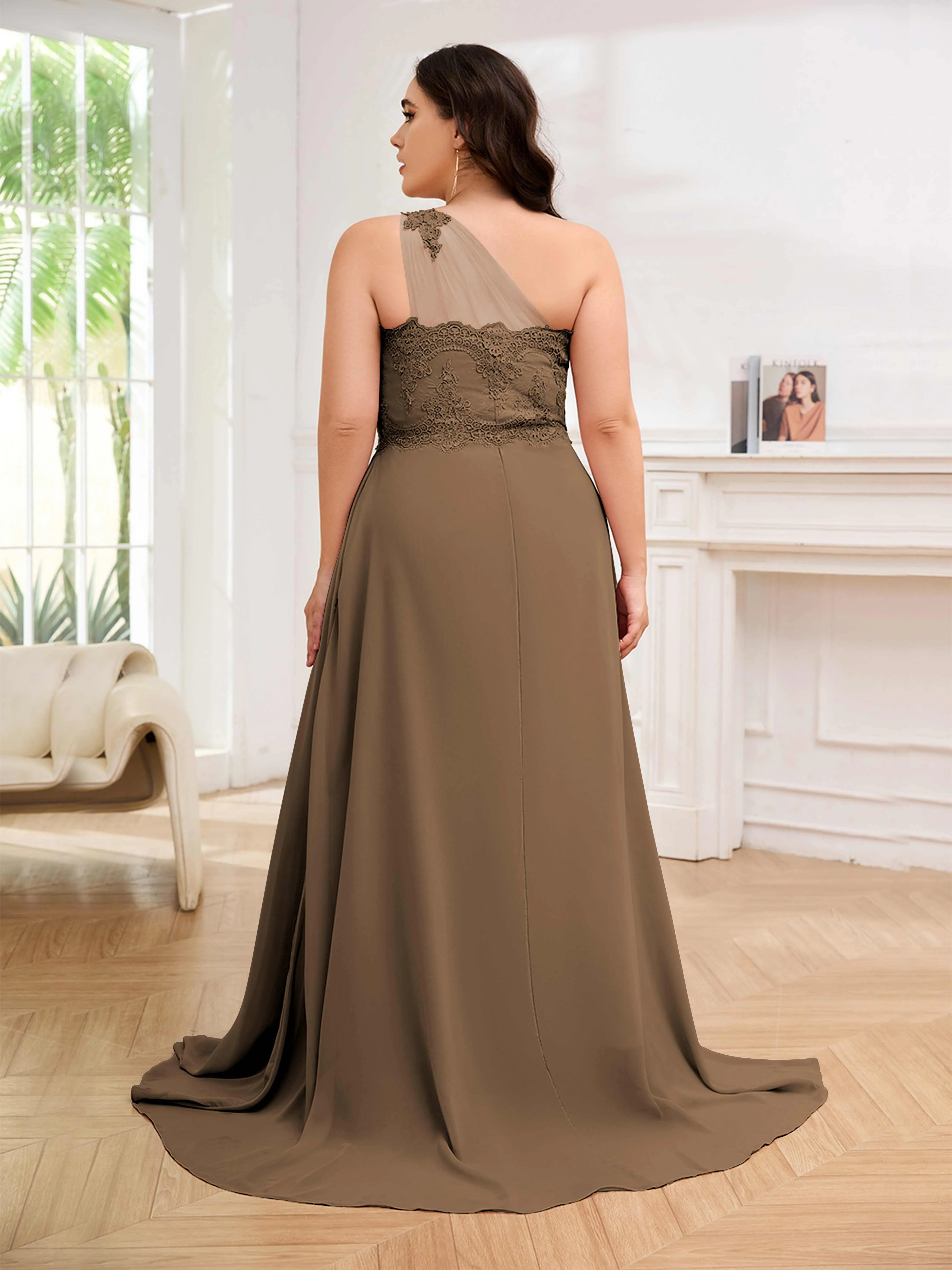 Imani Graceful One Shoulder Slit Long Chiffon Plus Size Bridesmaid Dresses