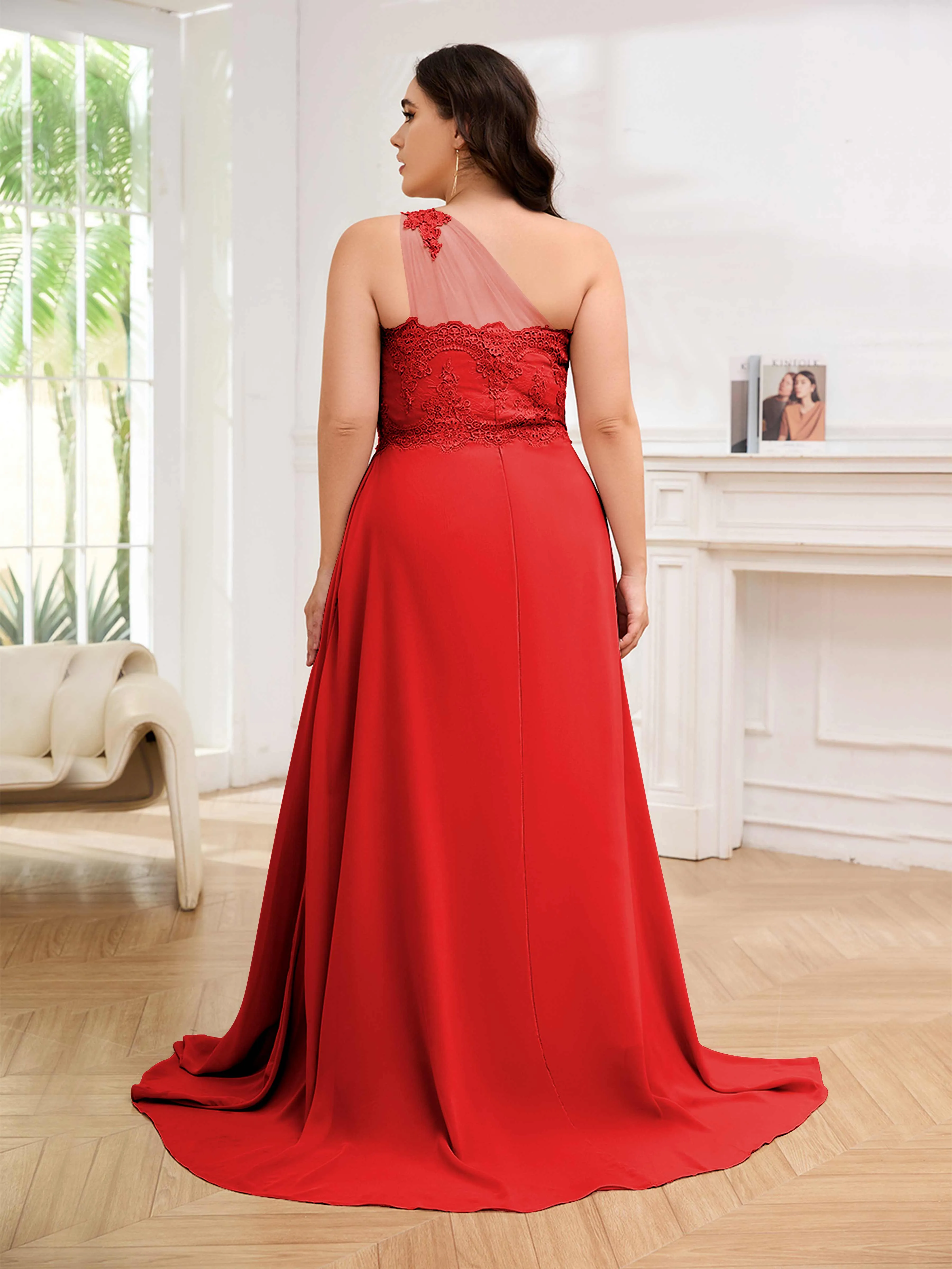 Imani Graceful One Shoulder Slit Long Chiffon Plus Size Bridesmaid Dresses