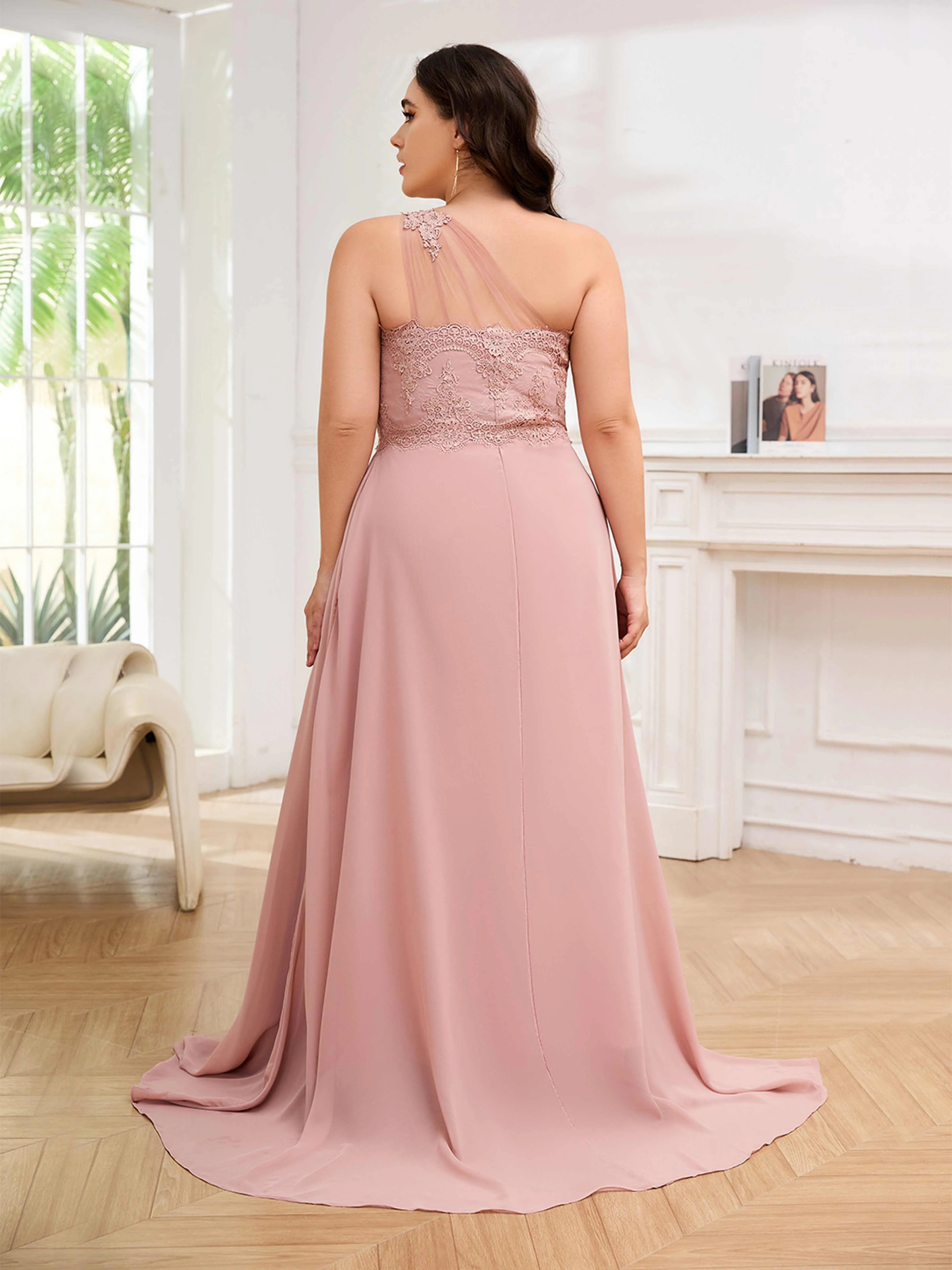 Imani Graceful One Shoulder Slit Long Chiffon Plus Size Bridesmaid Dresses