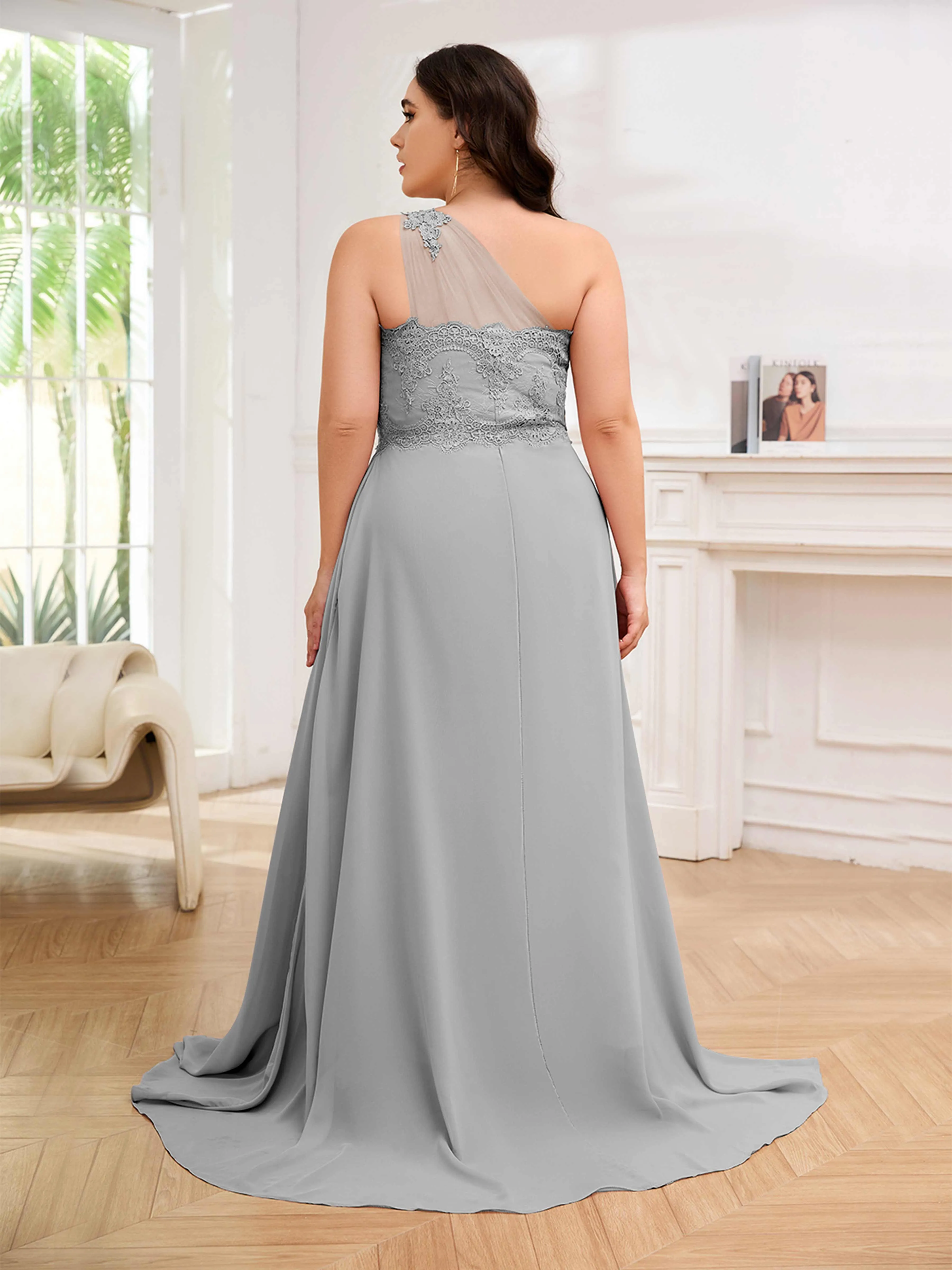 Imani Graceful One Shoulder Slit Long Chiffon Plus Size Bridesmaid Dresses