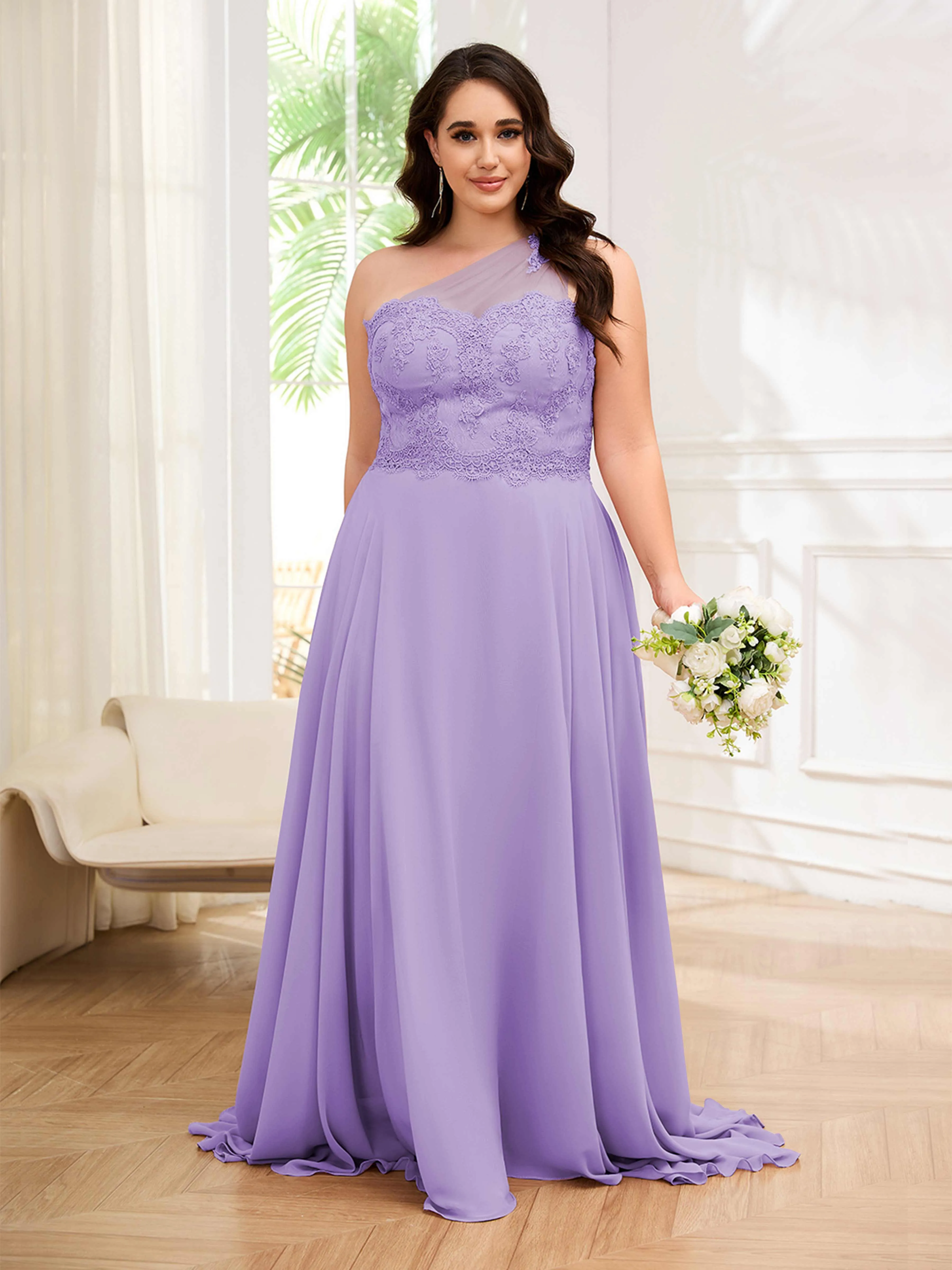 Imani Graceful One Shoulder Slit Long Chiffon Plus Size Bridesmaid Dresses