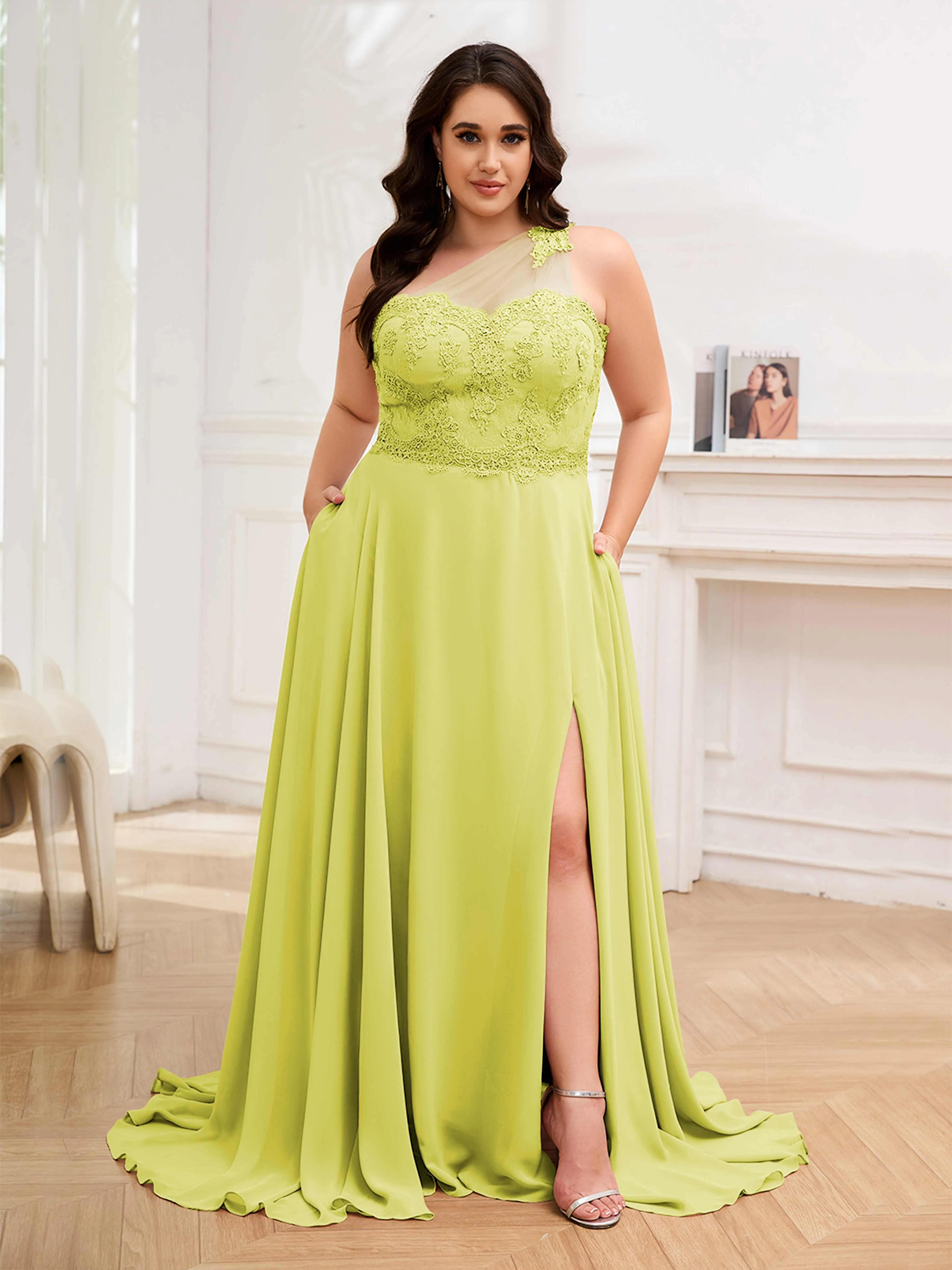 Imani Graceful One Shoulder Slit Long Chiffon Plus Size Bridesmaid Dresses