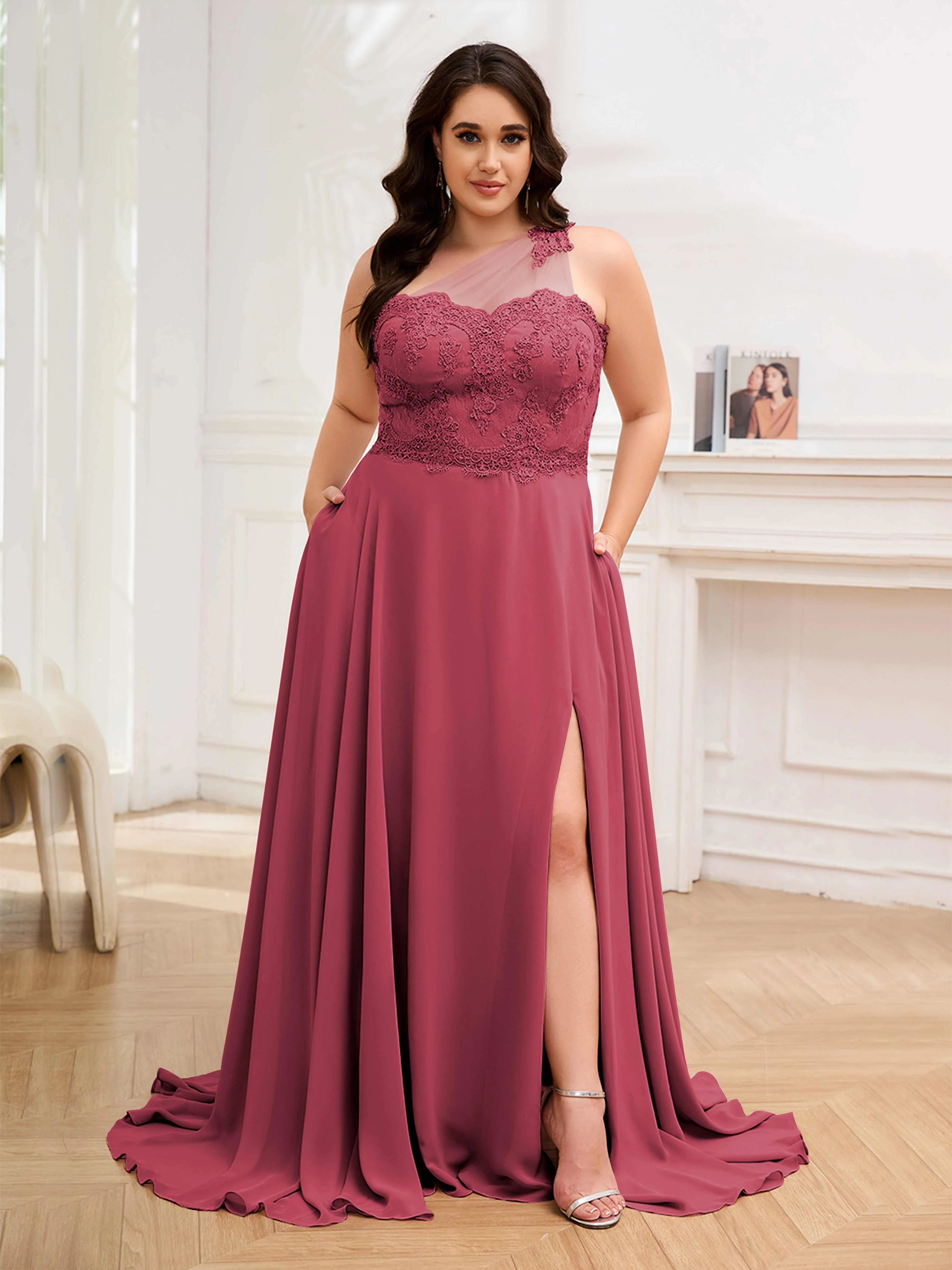Imani Graceful One Shoulder Slit Long Chiffon Plus Size Bridesmaid Dresses