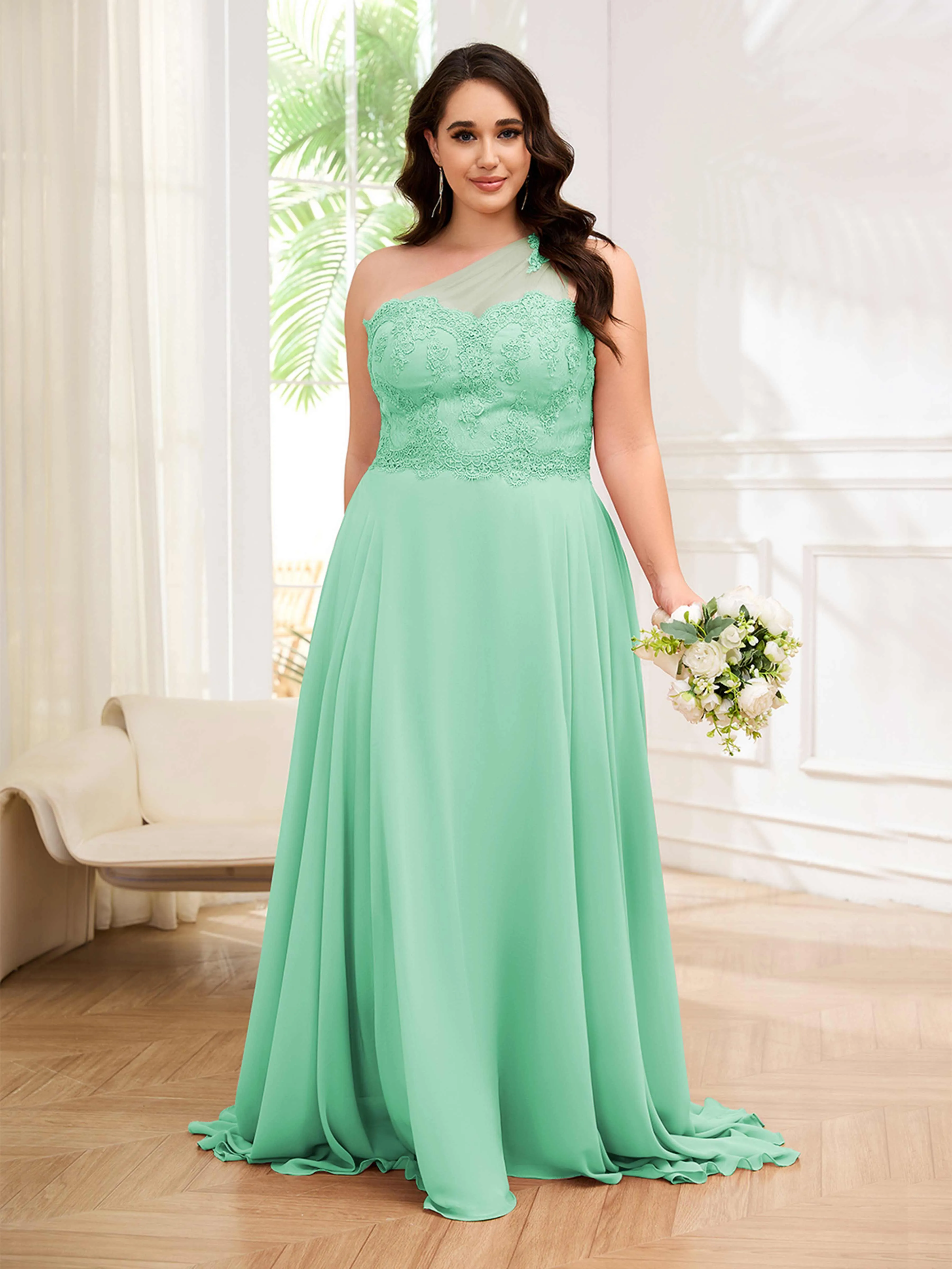 Imani Graceful One Shoulder Slit Long Chiffon Plus Size Bridesmaid Dresses