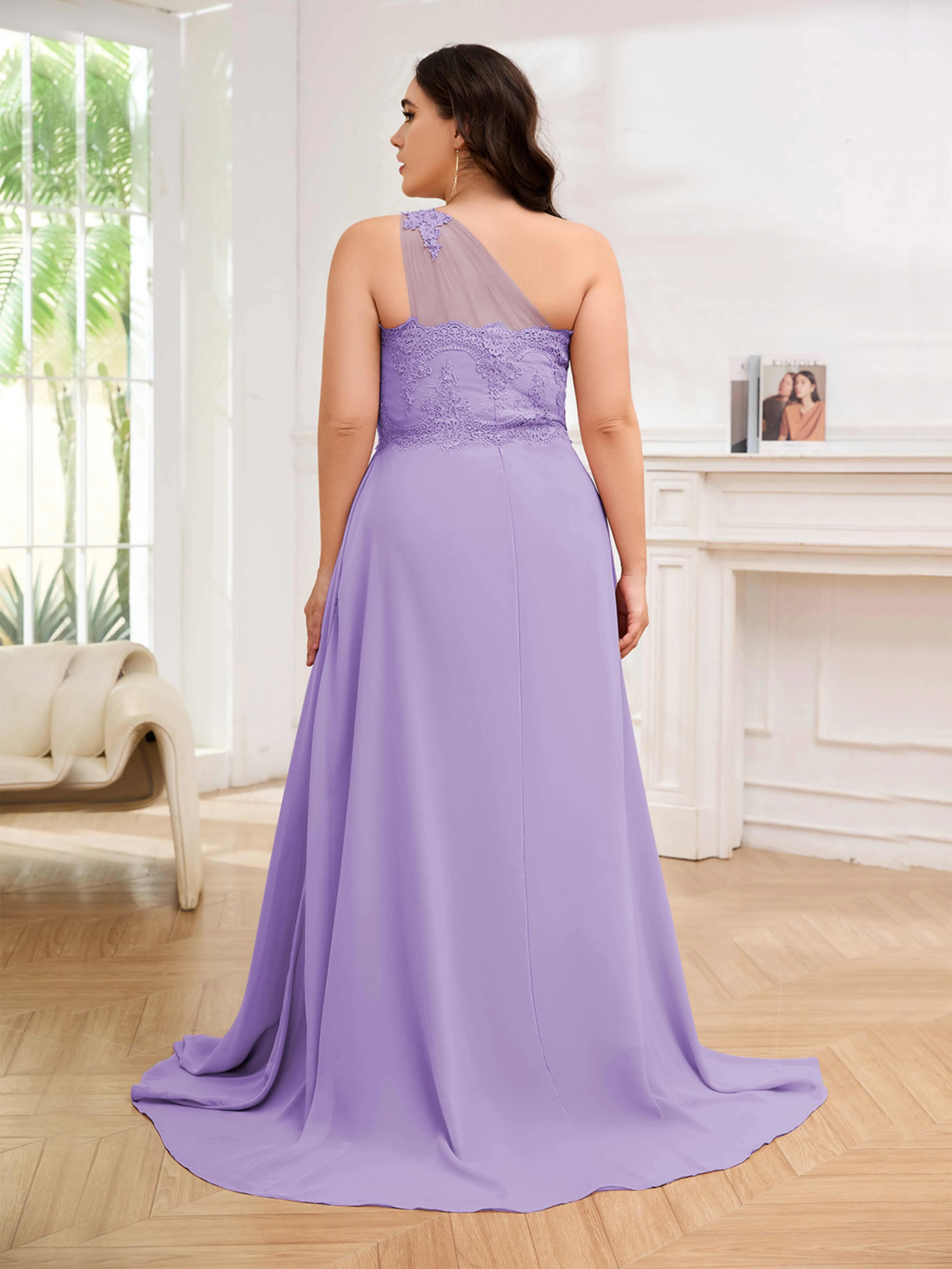 Imani Graceful One Shoulder Slit Long Chiffon Plus Size Bridesmaid Dresses